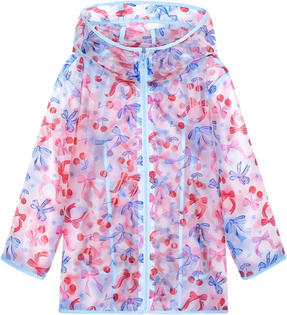 WELAKEN Girls Hooded Printed Rain Jacket Lightweight Water Resistant Raincoat with Zipper