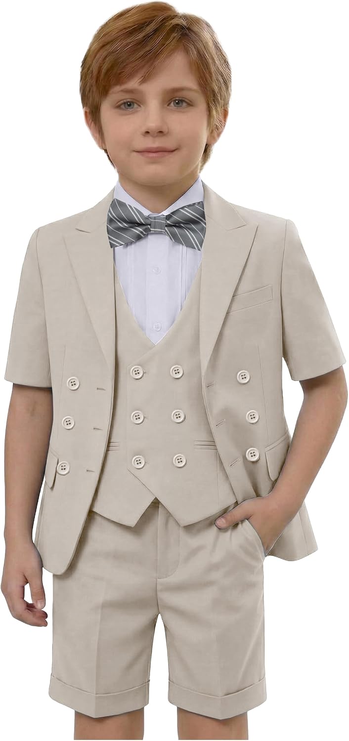 Boys Suit Kids Short Suit Tuxedo 6 Pcs Dress Clothes Short Sleeve Wedding Ring Bear Outfits Jacket Vest Shirt with Bow Tie