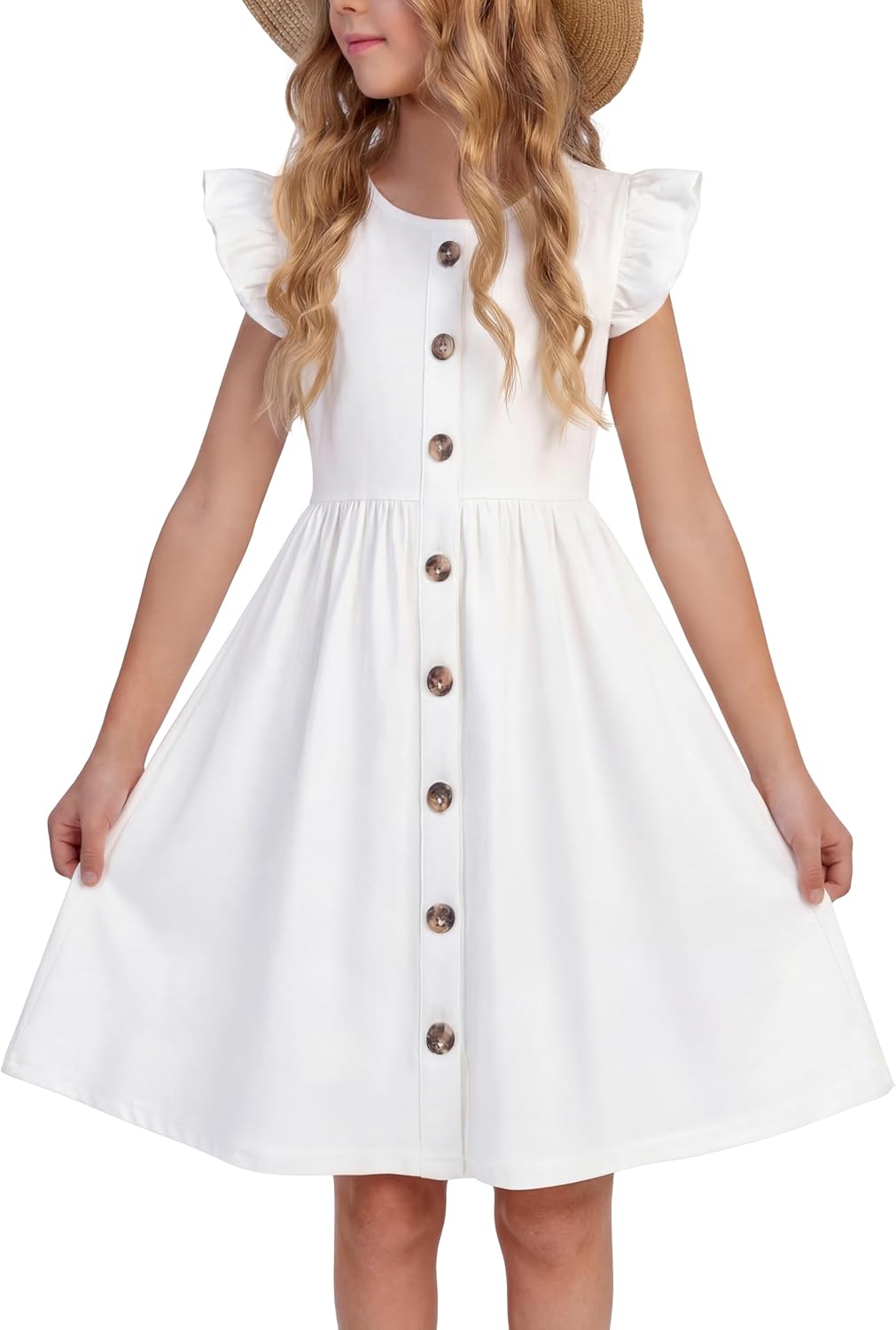 Arshiner Girls Dress Flutter Sleeve A-Line Button Down Sundress Casual Midi Dresses for 4-12 Years Kids