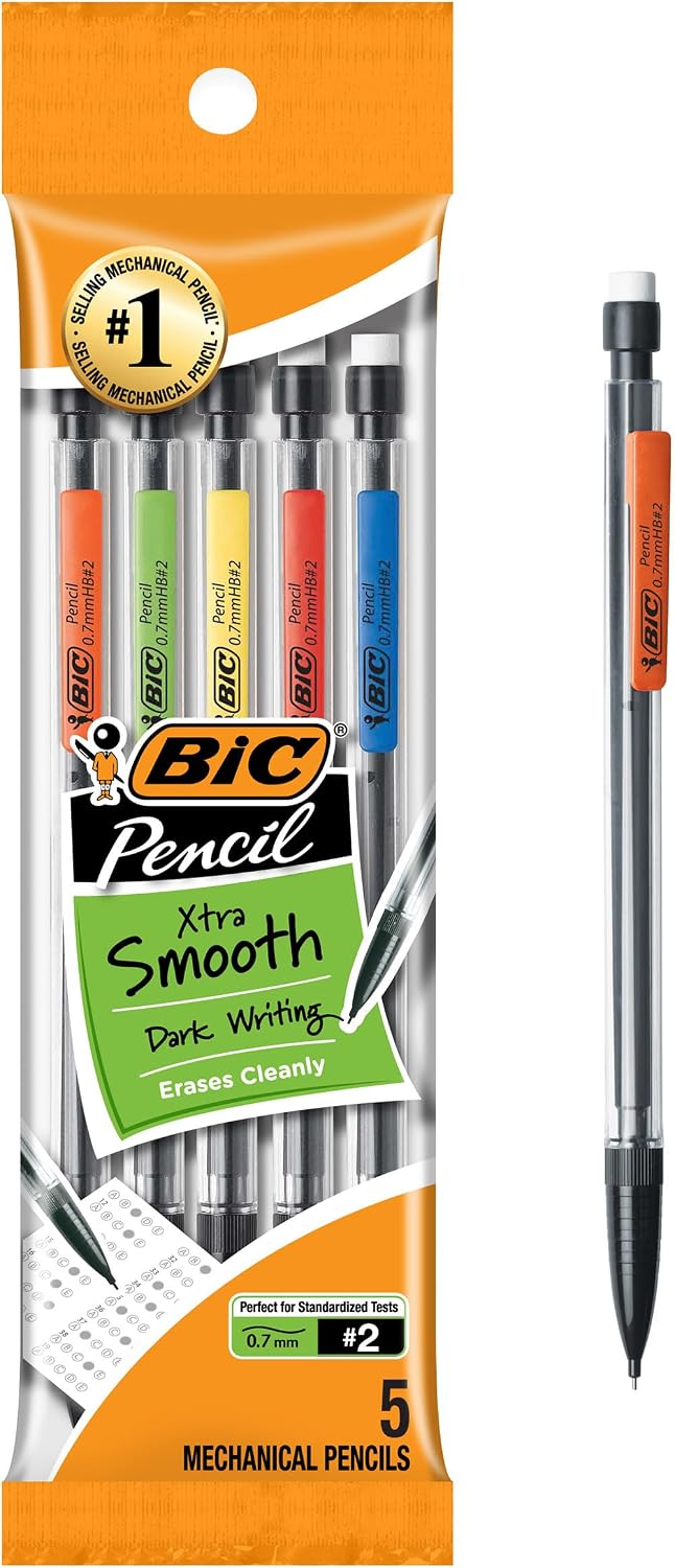 BIC Xtra-Smooth Mechanical Pencils with Erasers, Medium Point (0.7mm), 5-Count Pack, Bulk Mechanical Pencils for School or Office Supplies
