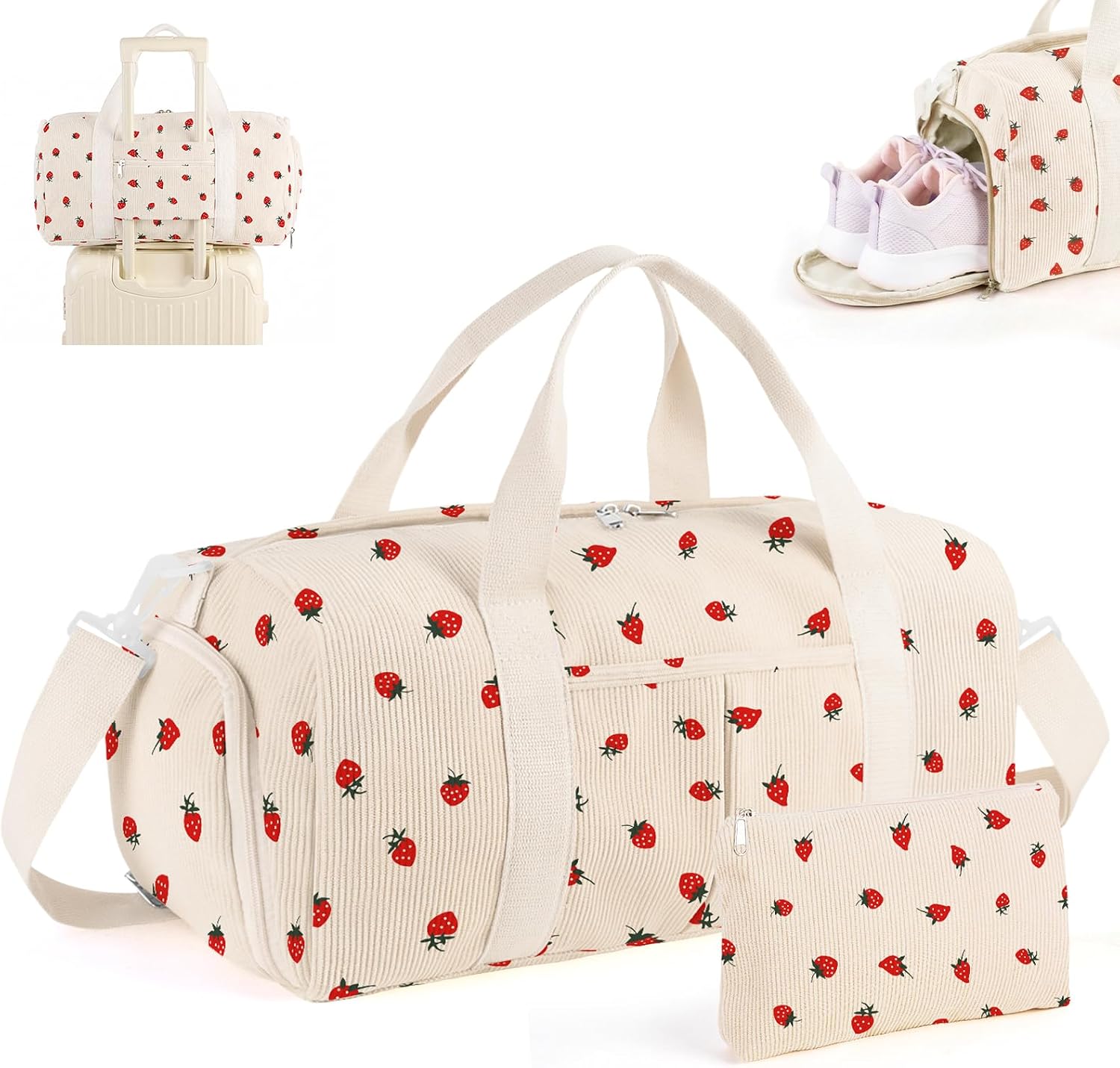 2PCS Cute Gym Bag for Girls, Corduroy Duffle Bag with Wet Pocket & Shoe Compartment and item bag, Duffle Bag for Travel, Sports, Fitness & Workout