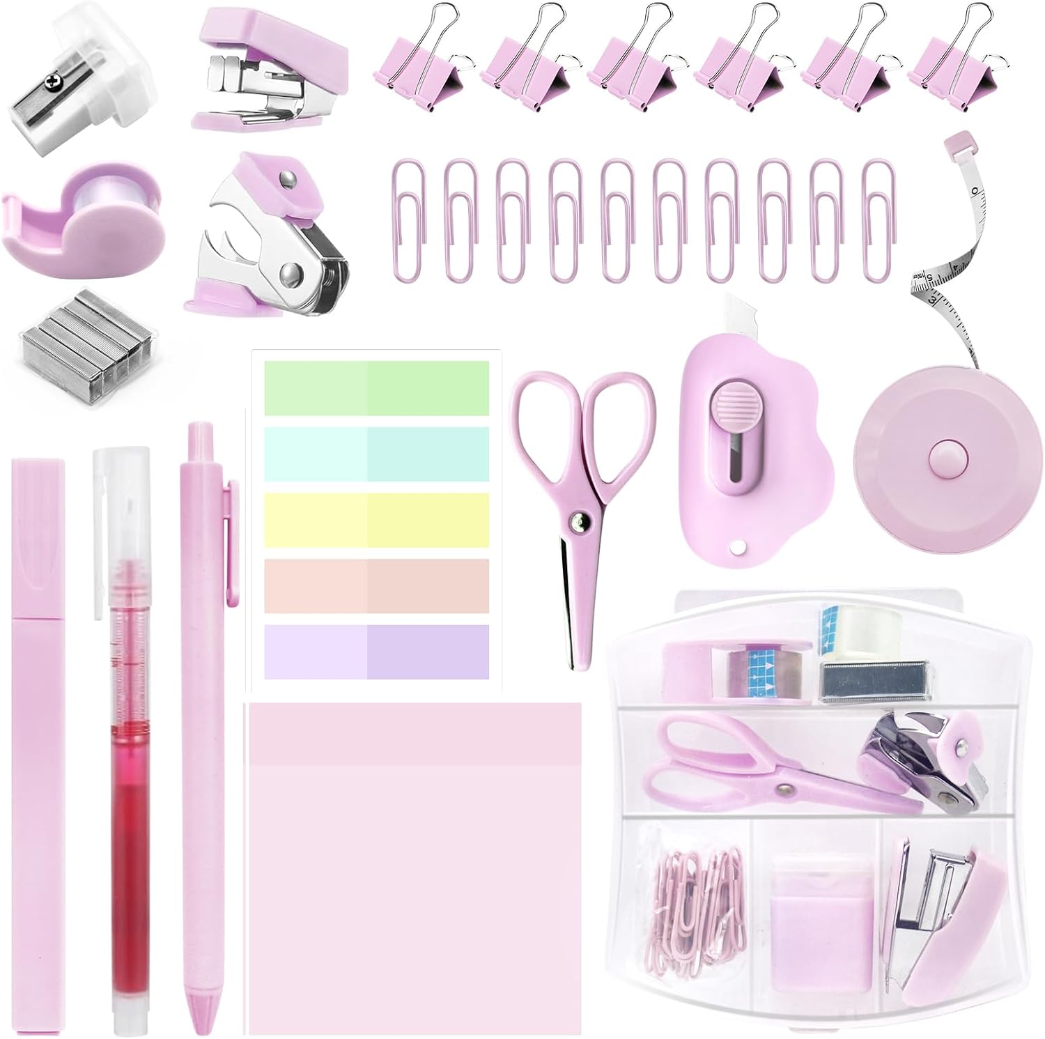 Mini School Supplies Kit, Pink Stapler with Staples and Tape Dispenser Set, Mini Stationary Set Includes Sticky Notes Index Tabs Highlighters Gel Pens for Office & Back to School Supplies