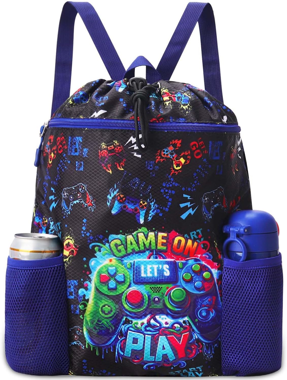 RHCPFOVR Game Drawstring Backpack for Kids – Drawstring Bags for Boys Swim Bag for Beach Swimming Pool Lightweight Draw String Bags Waterproof Sports Gym Bag With Two Water Bottle Holder