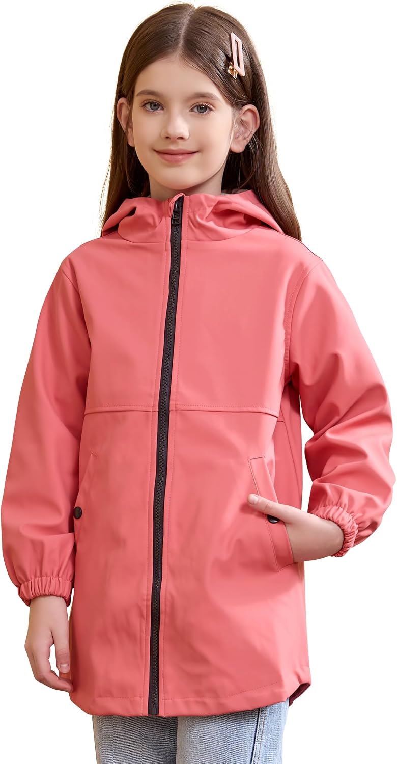 SOLOCOTE Kids Rain Jacket Hooded Lined Rubber RainCoats for Girls Boys Waterproof Windproof Size 5-14Y