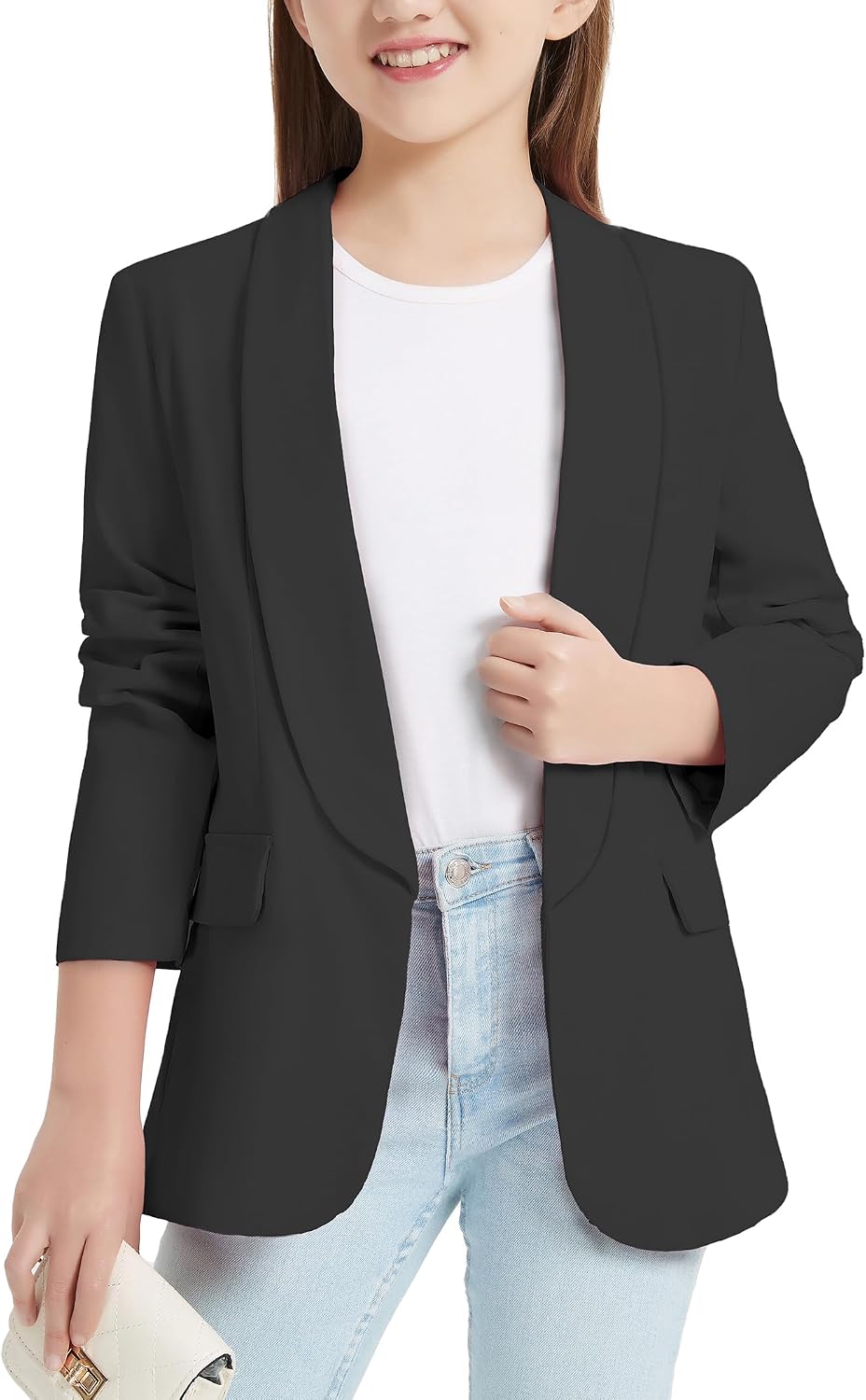 EXARUS Girls Blazer Jacket Teen Suit Long Sleeve Shawl Collar Graduation Formal Blazers Open Front Inner Kids Pockets
