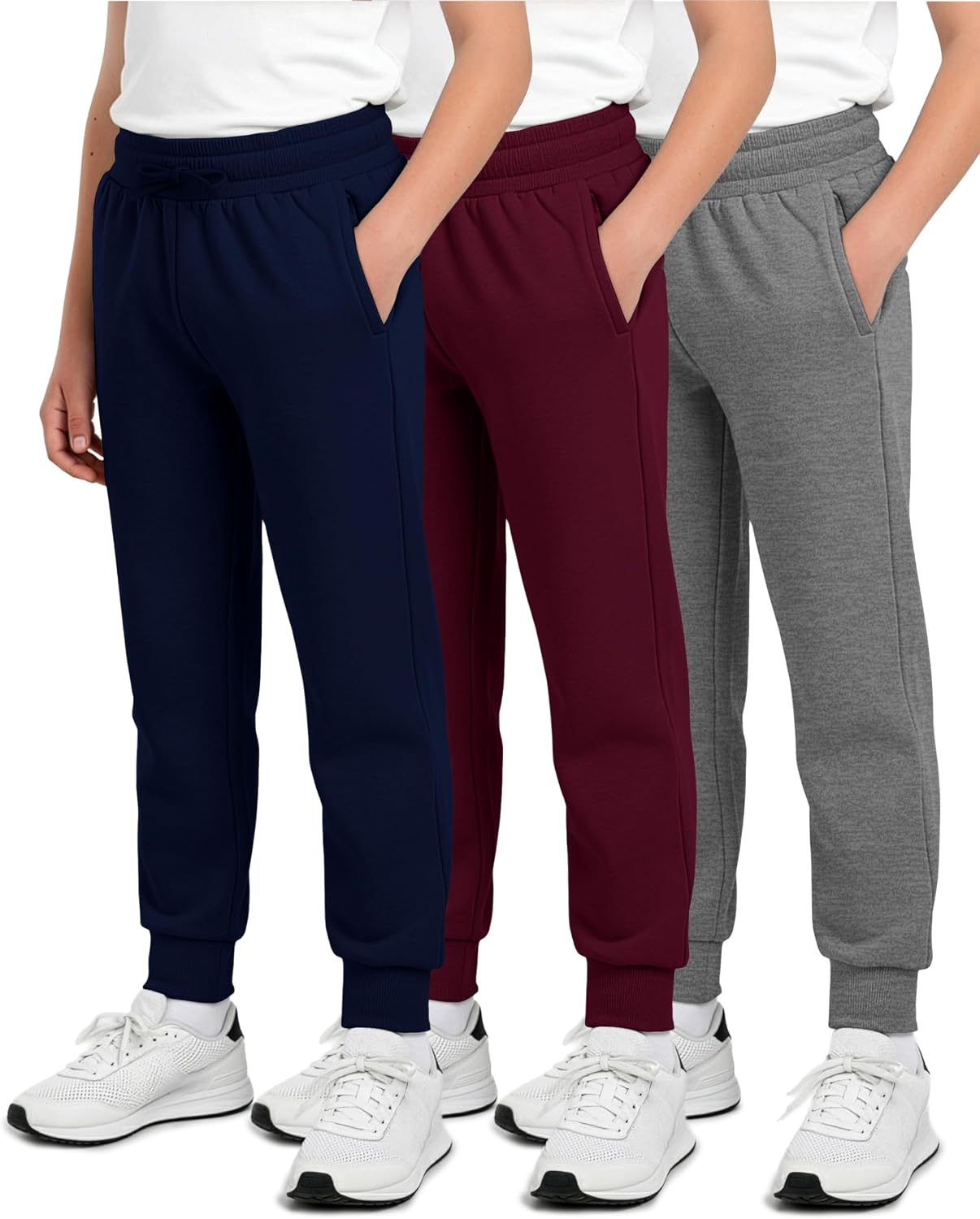 Real Essentials 3 Pack: Boys’ Cotton Fleece Jogger Sweatpants – Active Athletic Youth Pants for Teens with Pockets