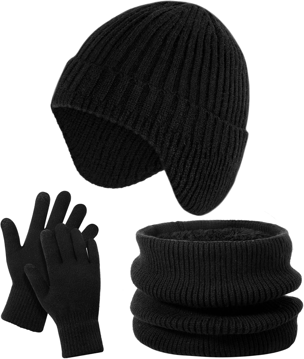 Kids Hat and Gloves Set – Winter Scarf Beanie Hat Kids Gloves Touchscreen, 3 Pcs Neck Warmer Scarf Black Stain-Resistant Set