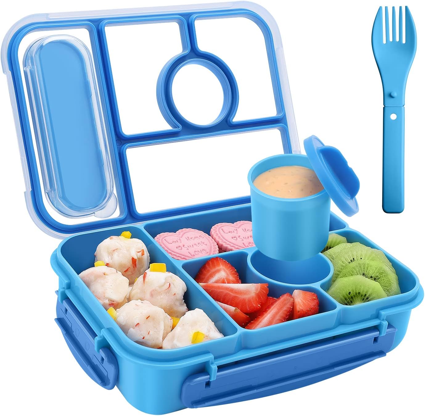 Amathley Bento Box Adult Lunch Box Kids,Lunch Containers for Adults/Kids/Toddler,5 Compartments Bento Lunch Box with Sauce Vontainers,Microwave & Dishwasher & Freezer Safe,BPA-Free (Blue)