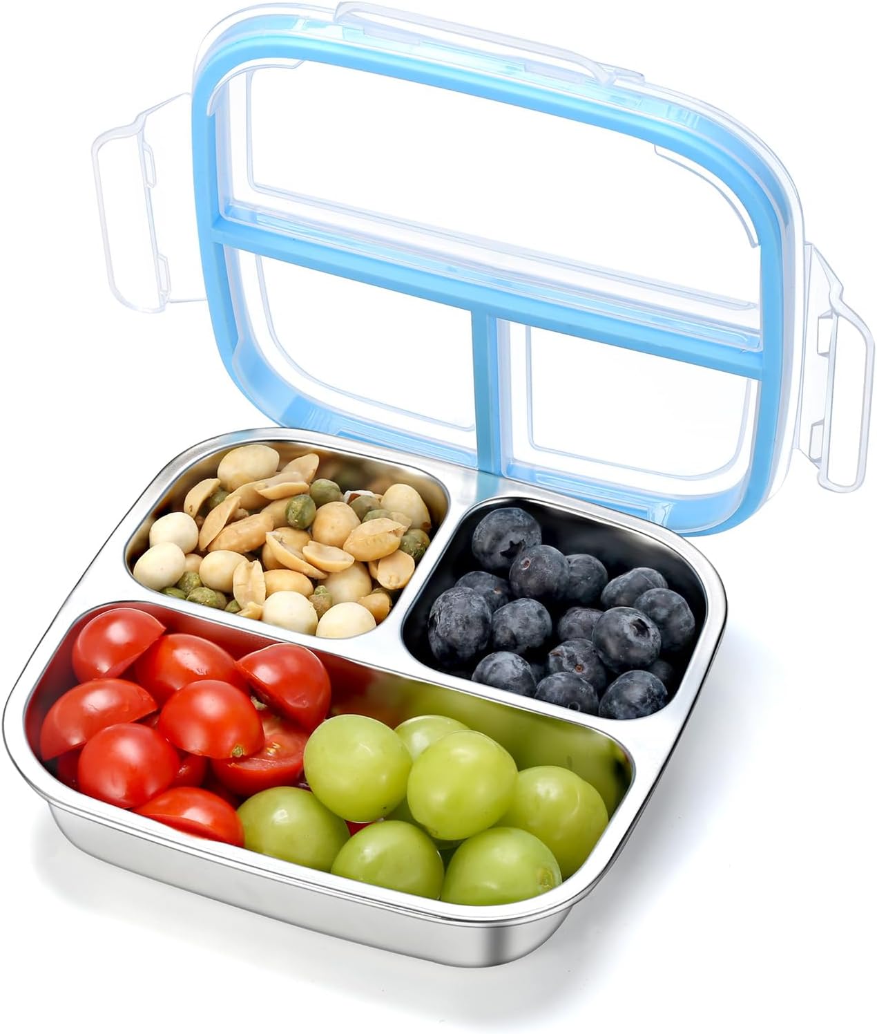 Stainless Steel Snack Containers, 3 Compartments Reusable on and go Bento Box with Lids for Kids, Lunch Box Pre Meal Storage for Daycare School Outdoor Camping Travel – Blue