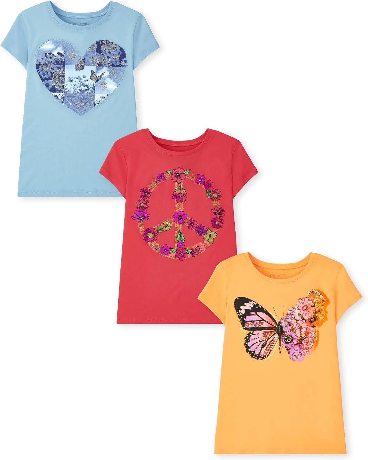 The Children’s Place Girls’ Unicorns,Butterfly Short Sleeve Graphic T-Shirts,3 Pack