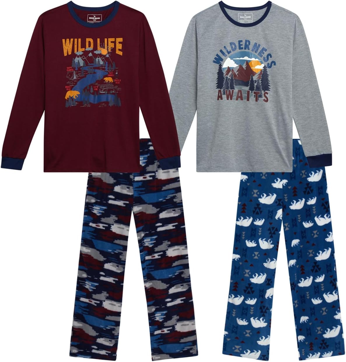 Eddie Bauer Boys’ Pajama Set – 4 Piece Matching Fleece Graphic Pajama Tops and Pajama Pants for Boys (Sizes: XS-L)