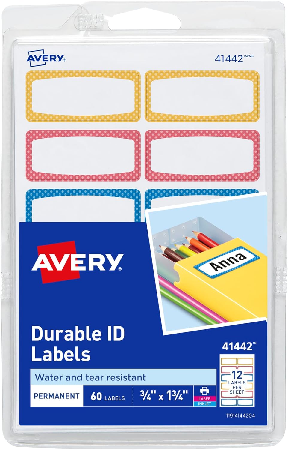 Avery Durable Labels for Kids’ Gear, 3/4″ x 1-3/4″, Assorted Border Colors, Water-Resistant Labels, 60 Total (41442)
