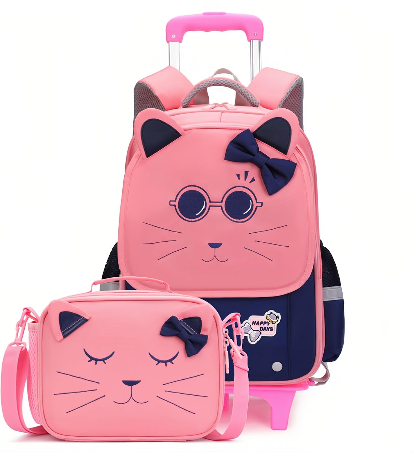 2Pcs Girls Rolling Backpack, Cute Cat Face Kids School Bag Bookbag Roller Backpack for Girls with 2 Wheels, 2Pcs-Pink