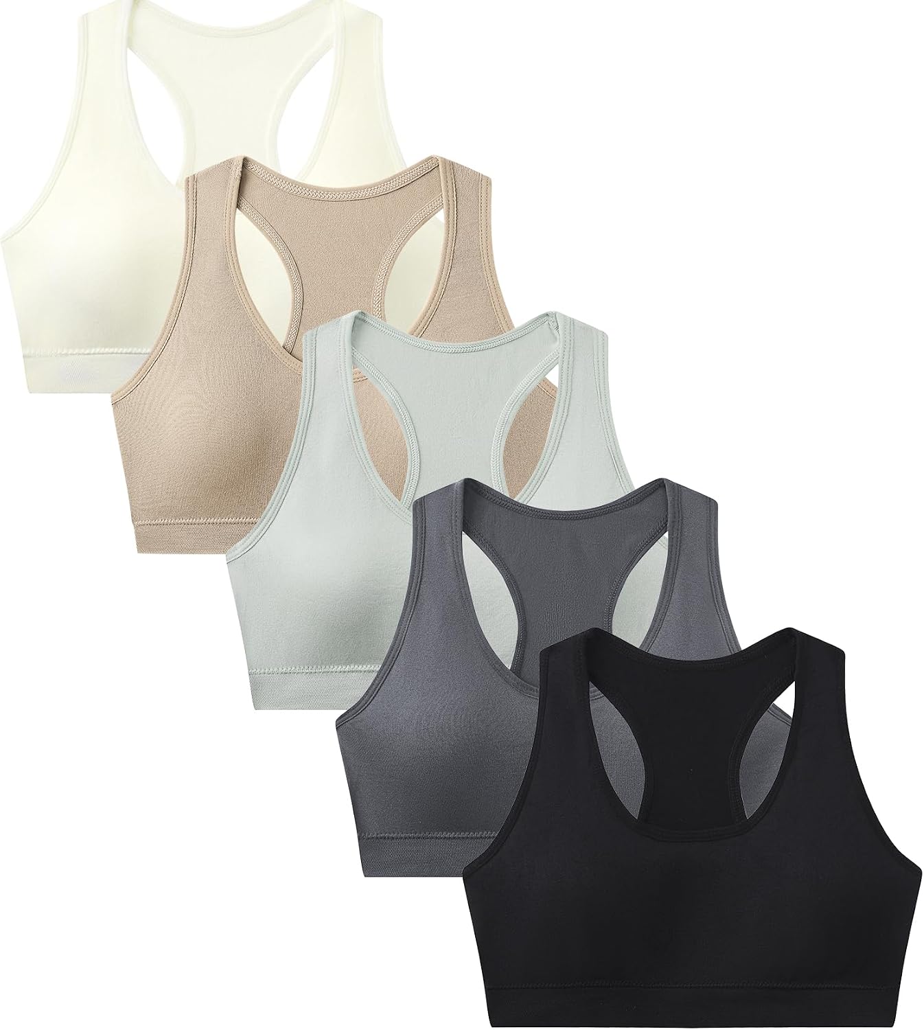 Suekaphin Girls Training Bra Supportive Seamless Sports Bras for Teens Girls with Racerback Removable Pads Pack of 5
