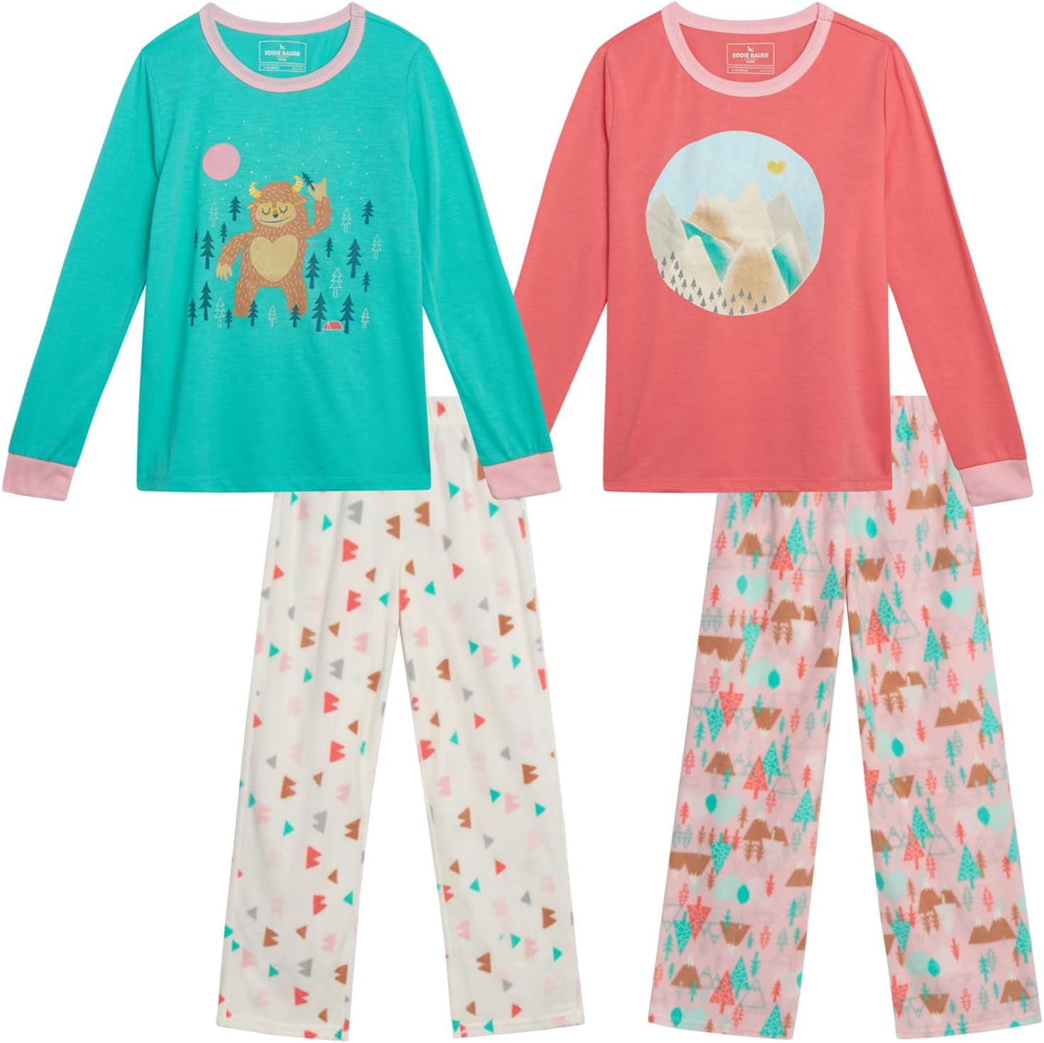 Eddie Bauer Girls’ Pajama Set – 4 Piece Matching Fleece Graphic Pajama Tops and Pajama Pants for Girls (Sizes: 5-14)