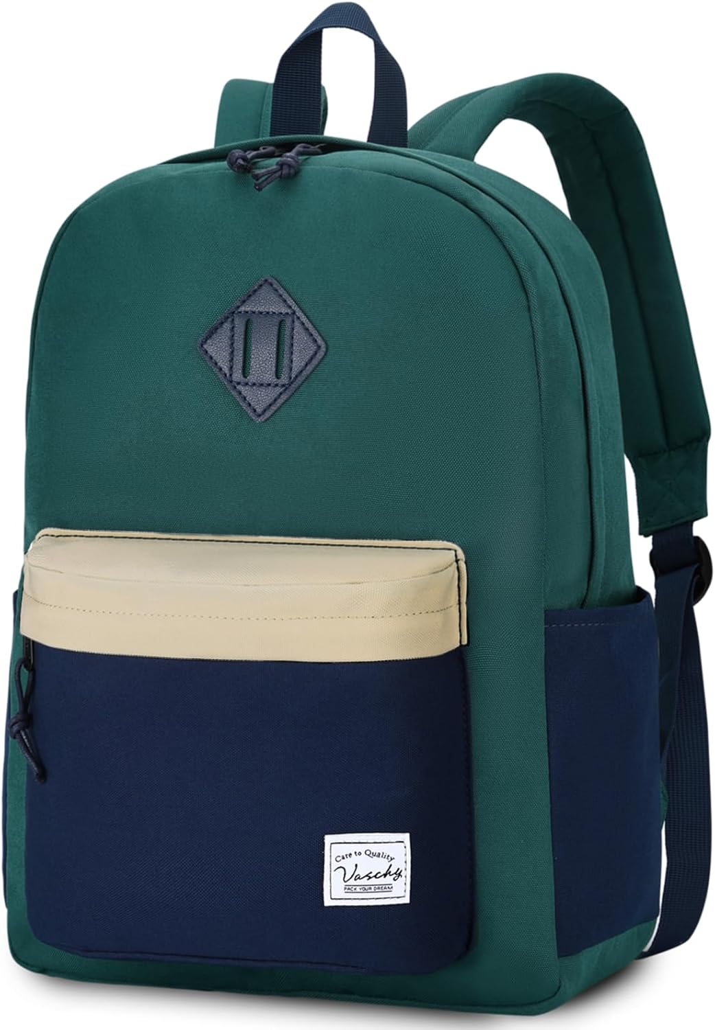 VASCHY Lightweight Backpack for School, Water Resistant Classic Bookbag with Side Pockets for Boys,Kids,Teens Green Blue