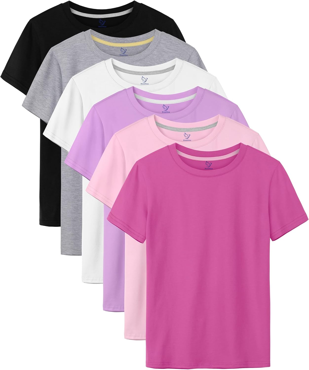 HoeVou 6 Pack Girls Shirts Cotton Short Sleeve T-Shirts for Girls Kids Tees Summer Tops Clothes