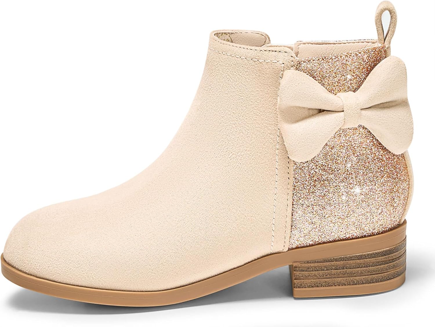 Coutgo Girls Bow Glitter Ankle Boots Side Zipper Low Heel Short Booties Dress Shoes