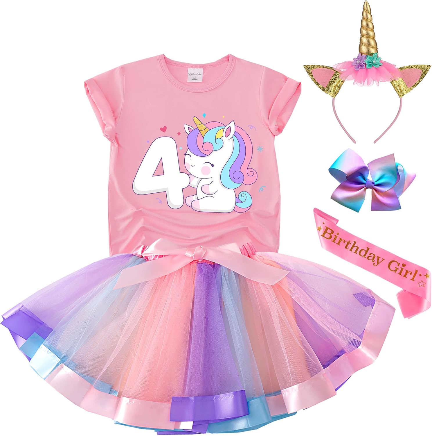 Tutu and Sian Unicorn Birthday Outfit for Girls – Shirt, Tutu Skirt Dress, Birthday Girl Crown, Hair Bow & Satin Sash (Unicorn 4Y, 4-5 Years)