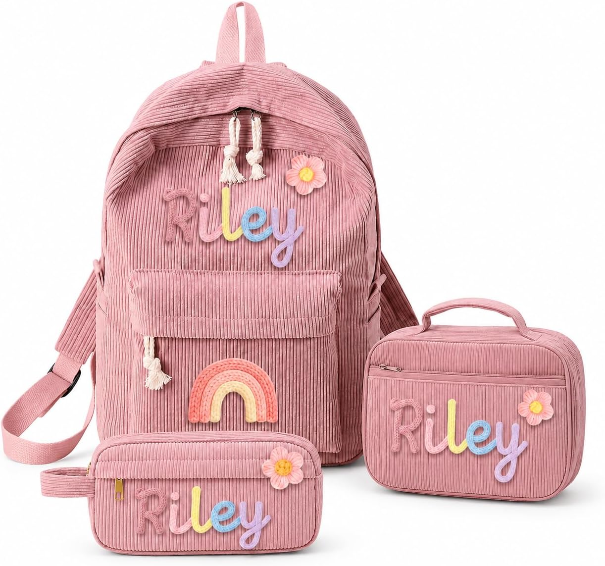 Personalized Backpack with Optional Lunch Bag & Pencil Case, Custom Corduroy School Bag with Cotton Rope Embroidery Name, Toddler Backpack for Girls Boys, Kids Back to School Birthday Gifts