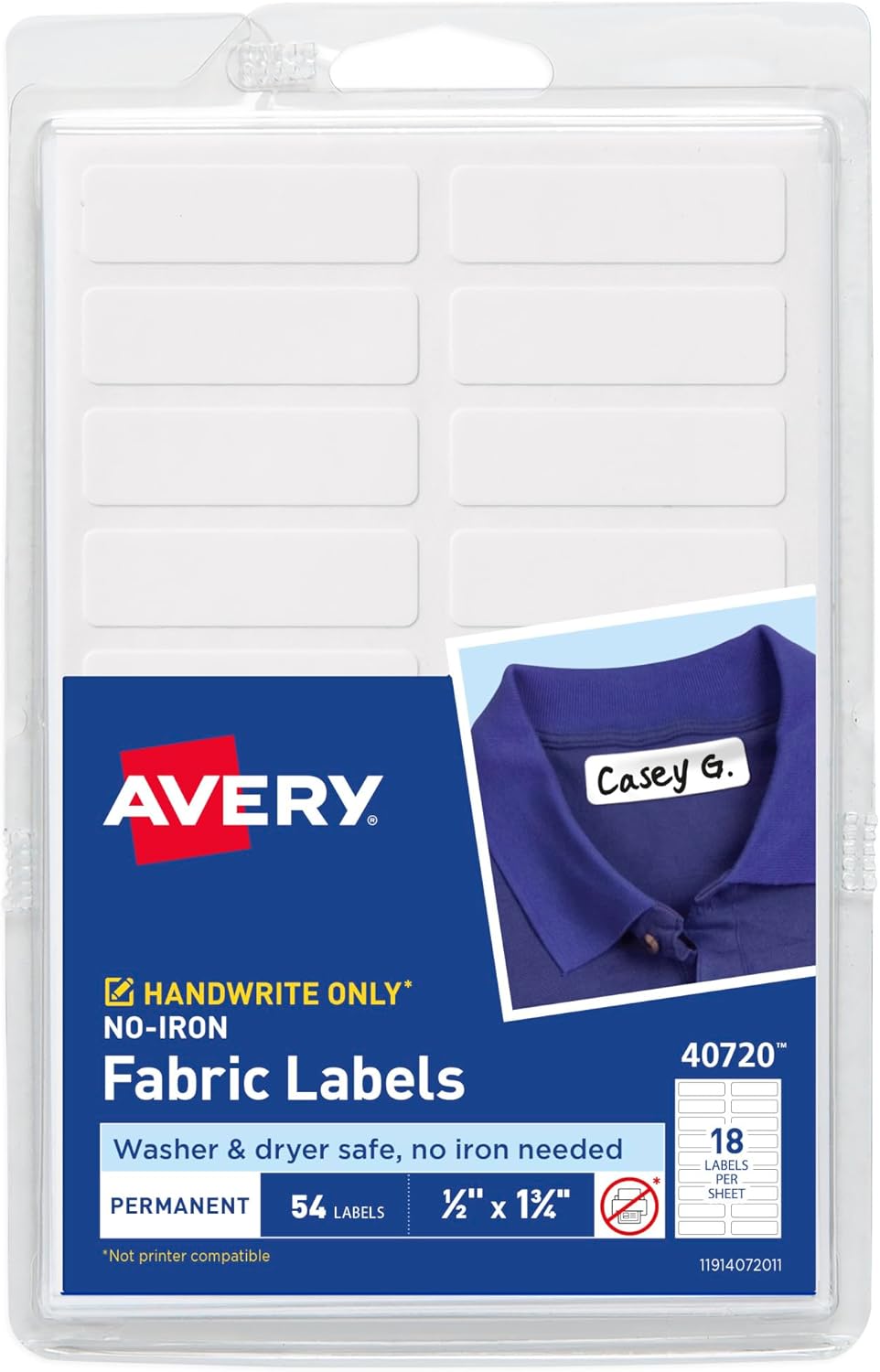 Avery No-Iron Fabric Labels, 1/2″ x 1-3/4″, Washer and Dryer-Safe Waterproof Labels, Non-Printable, 54 Total (40720)