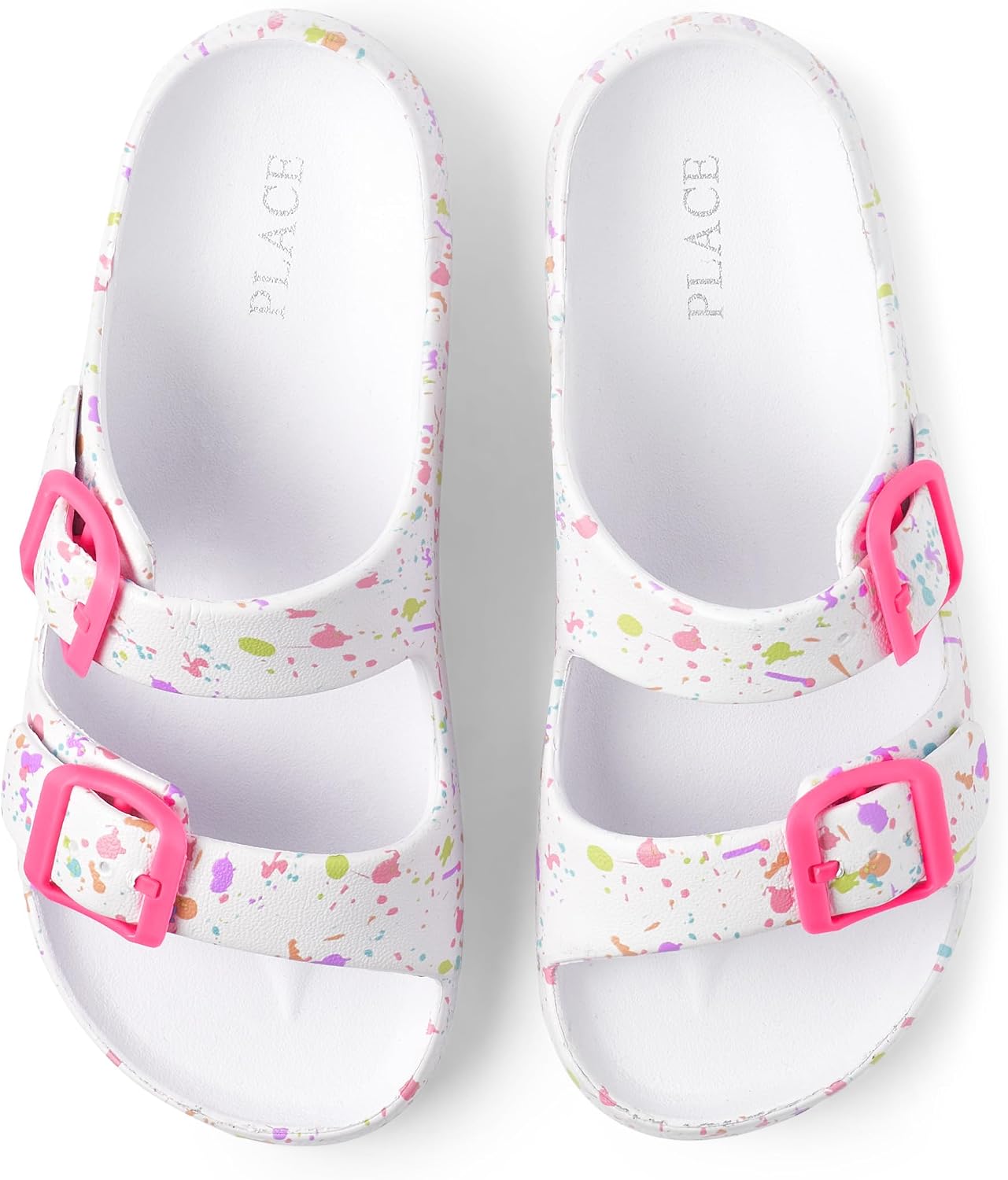 The Children’s Place Girls Double Buckle Slip On Slide Sandals, White Paint Splatter