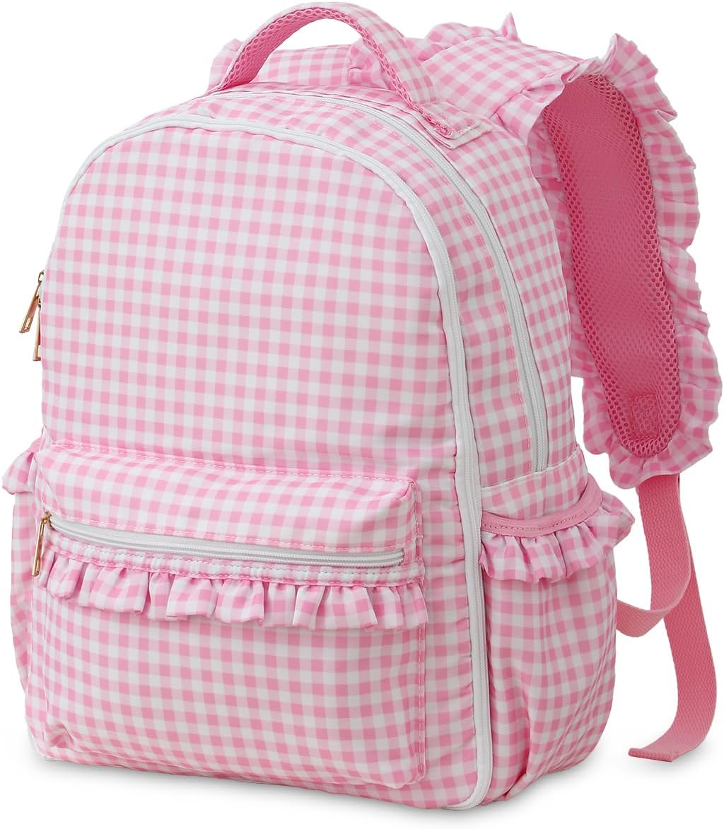 DYSHAYEN Kids Backpack for Girls, 15″ Ruffled Backpack for School Kindergarten Bookbag 5-8, Fully Opened Compartment (Pink Gingham)