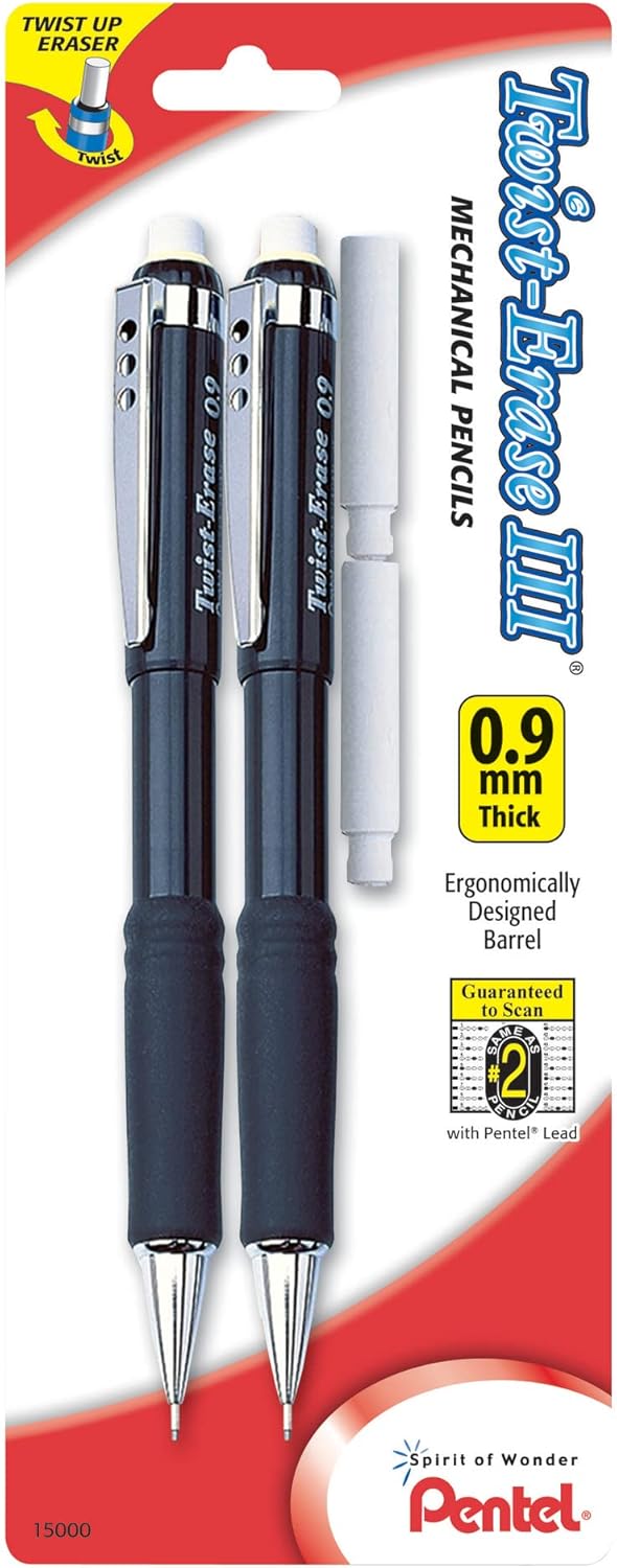 Pentel Twist-Erase III Mechanical Pencil, (0.9mm), Assorted Barrel Colors with 2 Eraser Refills, Pack of 2 (QE519BP2-K6)