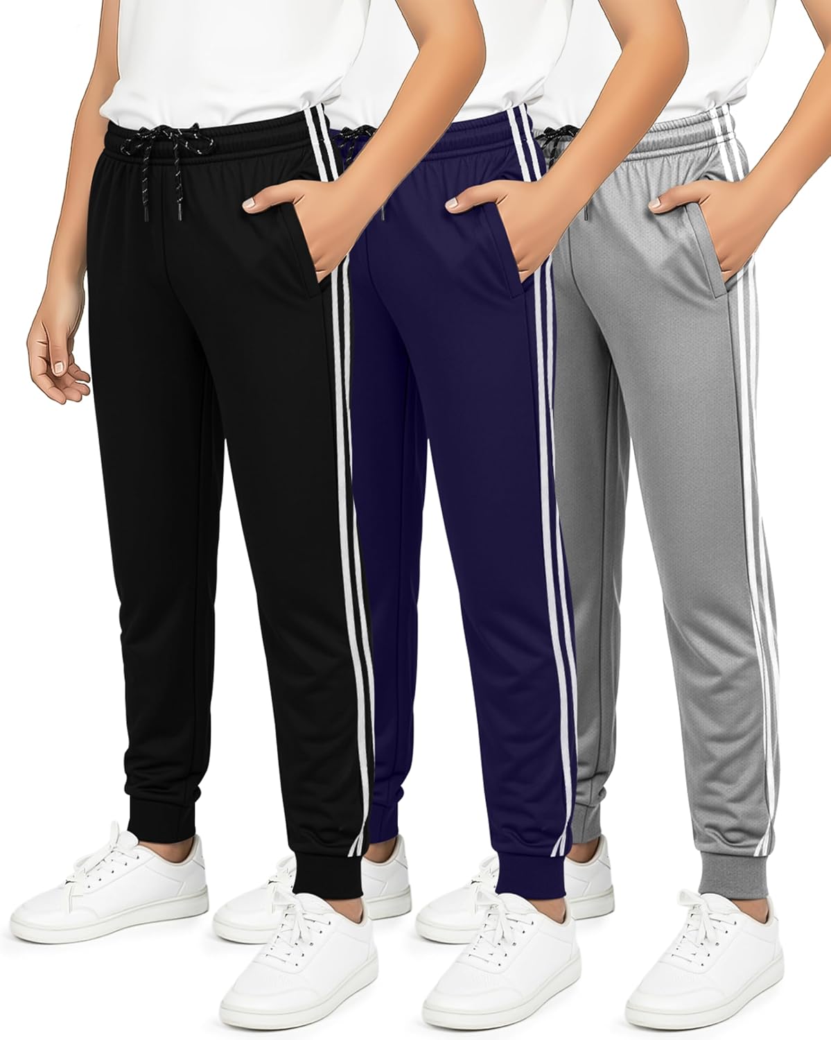Real Essentials 3 Pack: Boy’s Mesh Jogger Sweatpants – Youth Kids Baseball Football Athletic Pants with Pockets