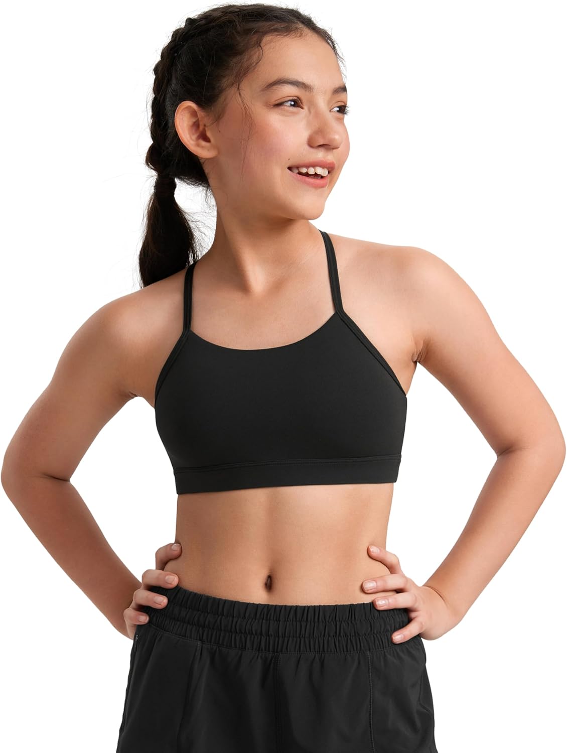 CRZ YOGA Girls Butterluxe Y Back Sports Bra – Yoga Athletic Casual Tops Scoop Neck Spaghetti Strap Padded Crop Kids Teen