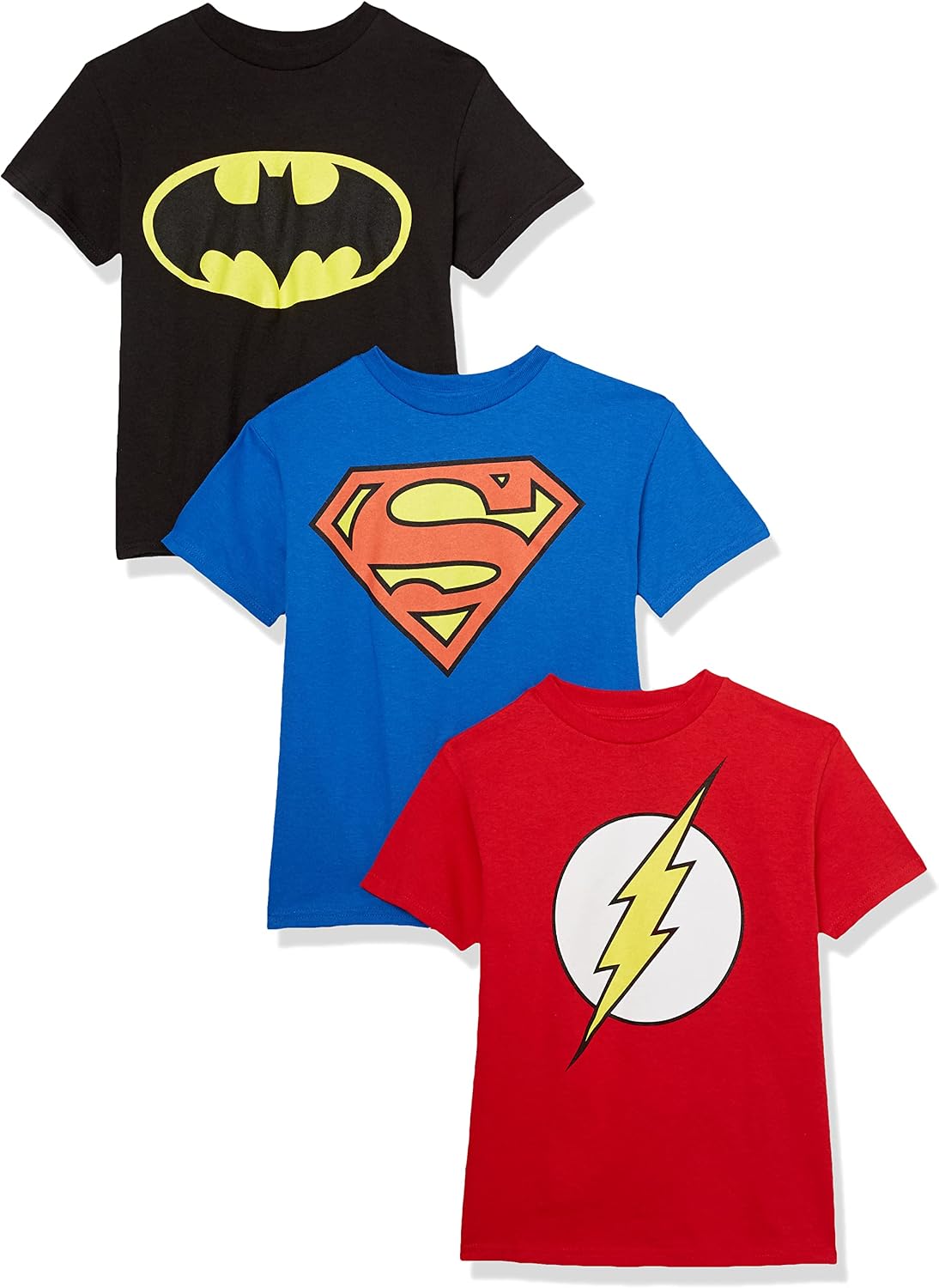 DC Comics Boys’ Batman, Superman, The Flash 3 Pack Logo T-Shirt Bundle Set