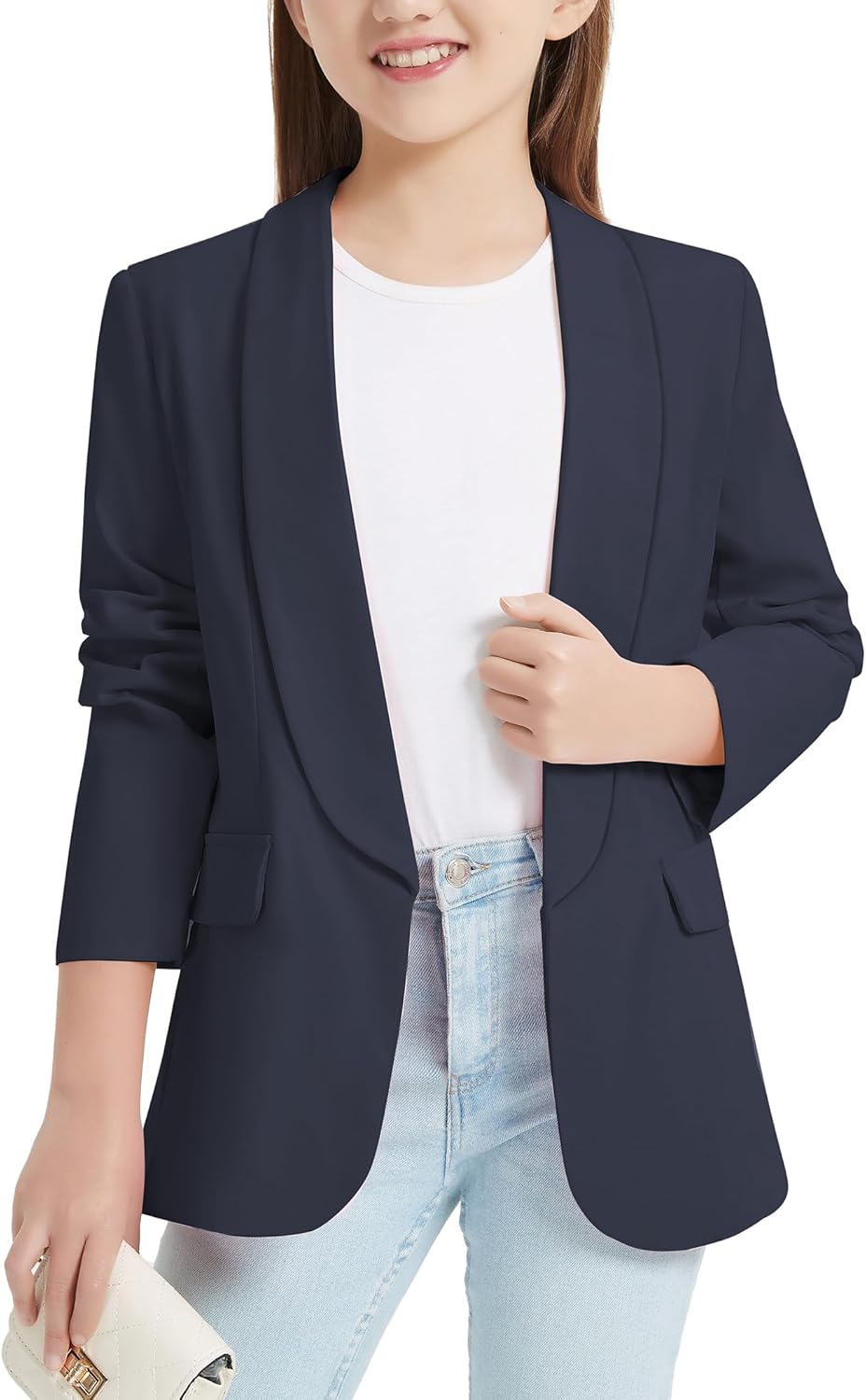EXARUS Girls Blazer Jacket Teen Suit Long Sleeve Shawl Collar Graduation Formal Blazers Open Front Inner Kids Pockets