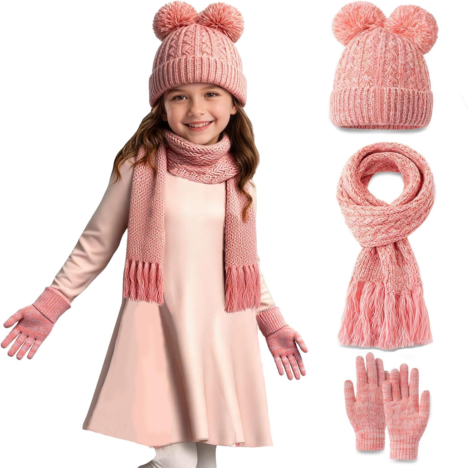Kids Beanie Scarf Gloves Set, Boys Girls Toddler Winter Warm Fleece Lined Hat with Pom Pom Knit Scarf Mittens 3 in 1 Gift Set