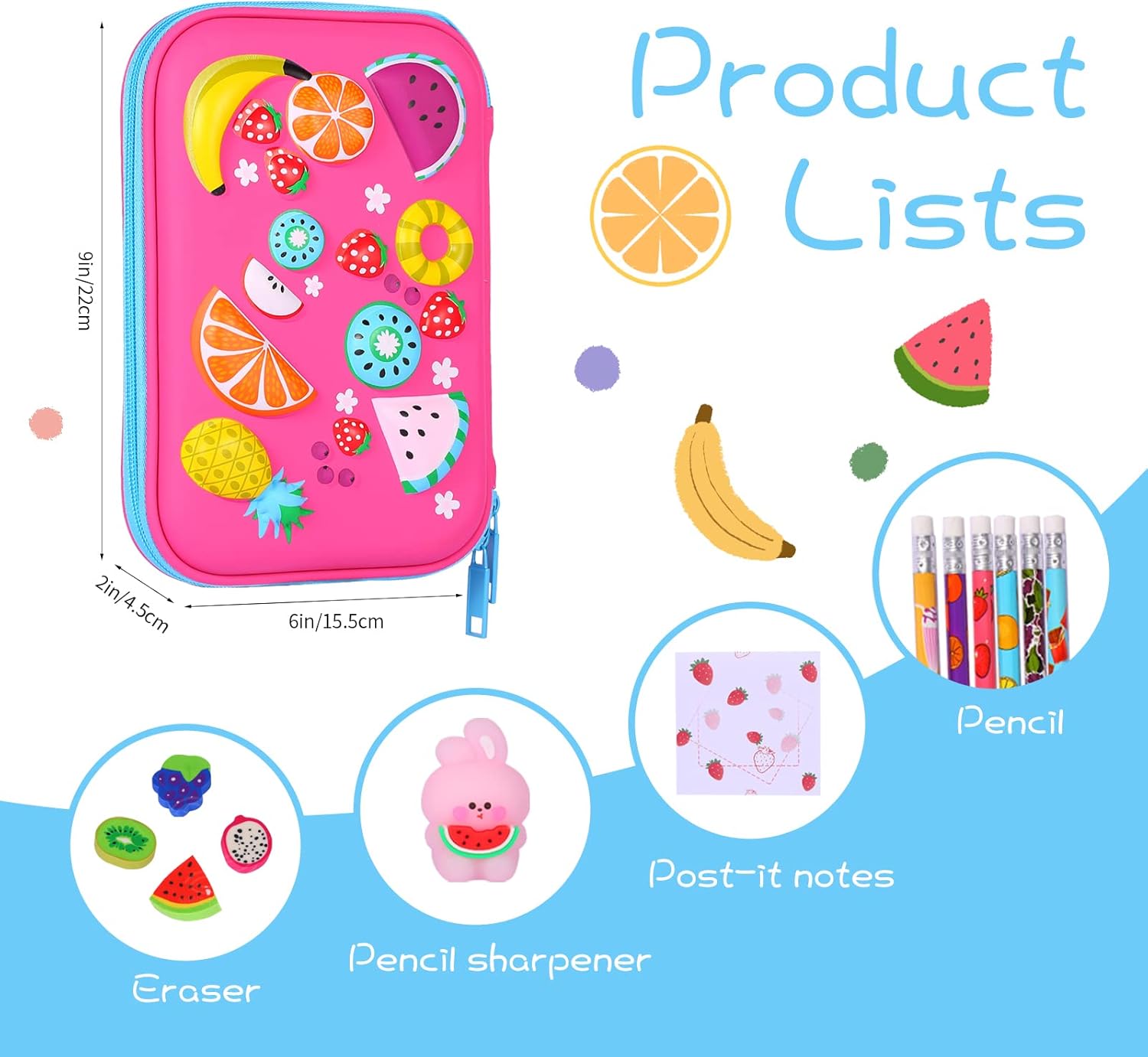 homicozy Pencil Case for Girls,Cute Fruit Stationary Set for Kids,3D EVA School Large Capacity Pencil Pen Box with Compartment,School Supplies for Girls,Back to School Gifts for Kids,Rose Red