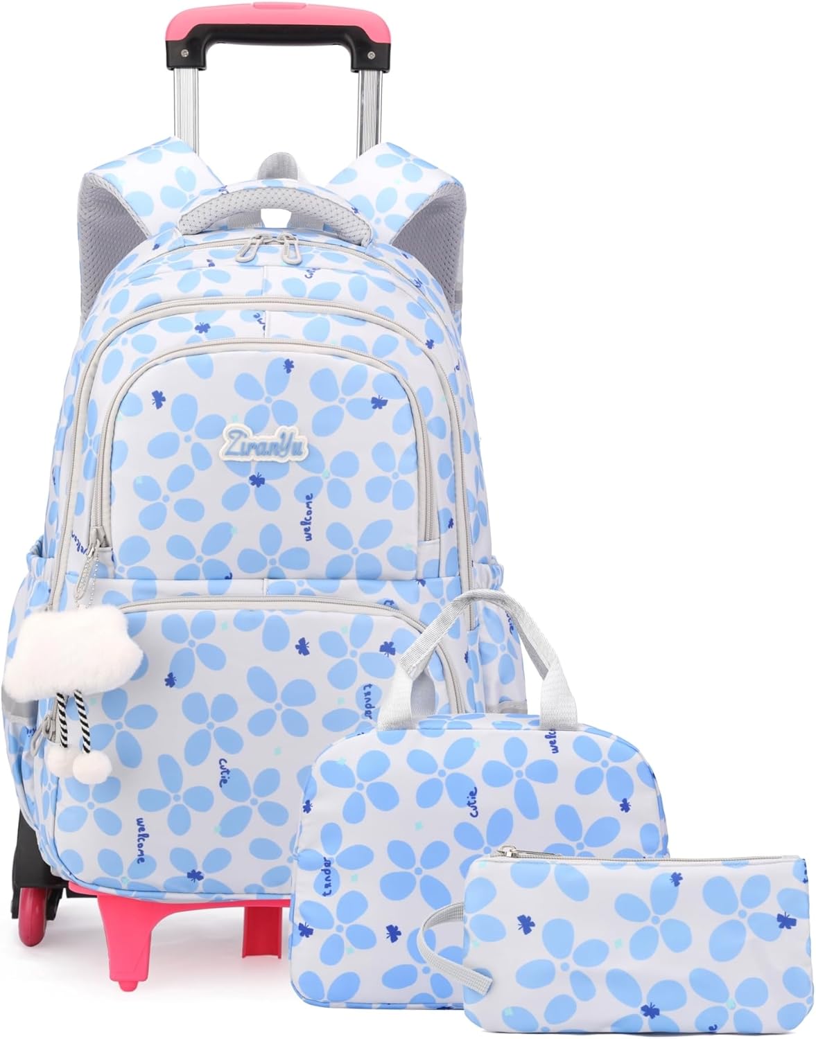 Bansusu 3Pcs Kids Rolling Backpack for Girls with Lunch Bag, Lucky Leaf School Bag Girls Roller Backpack with 6 Wheels, Blue