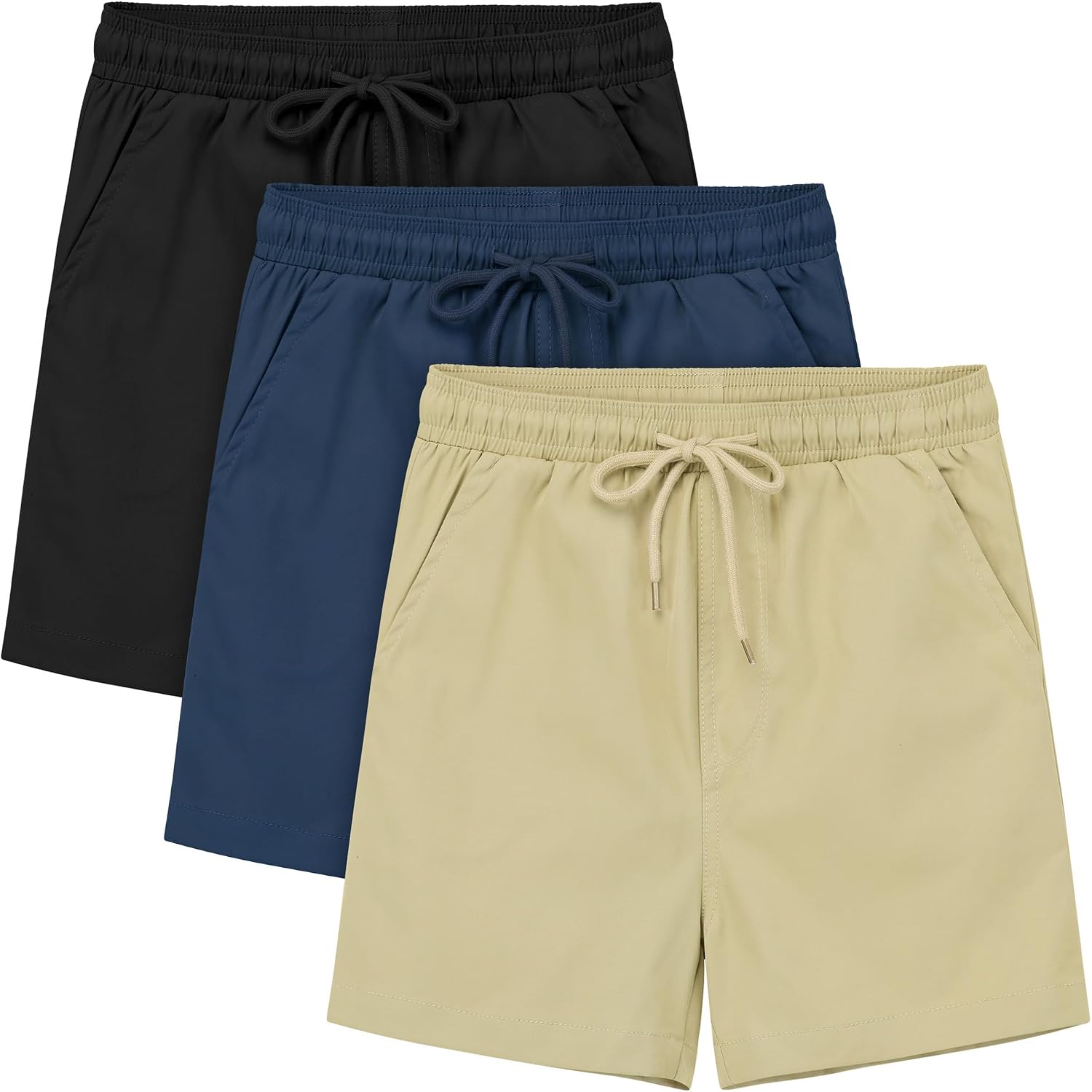 Cooraby 3 Pack Boys Uniform Quick Dry Pull On Jogger Shorts Elastic Waist Drawstring Woven Summer Shorts with Pockets 5-12Y