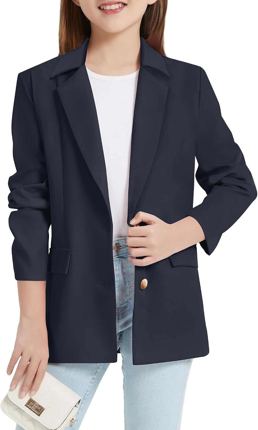 EXARUS Girls Blazer Jacket Long Sleeve Teen Notched Collar/Lapel Collar Graduation Open Front Pockets Kids Blazers Suit