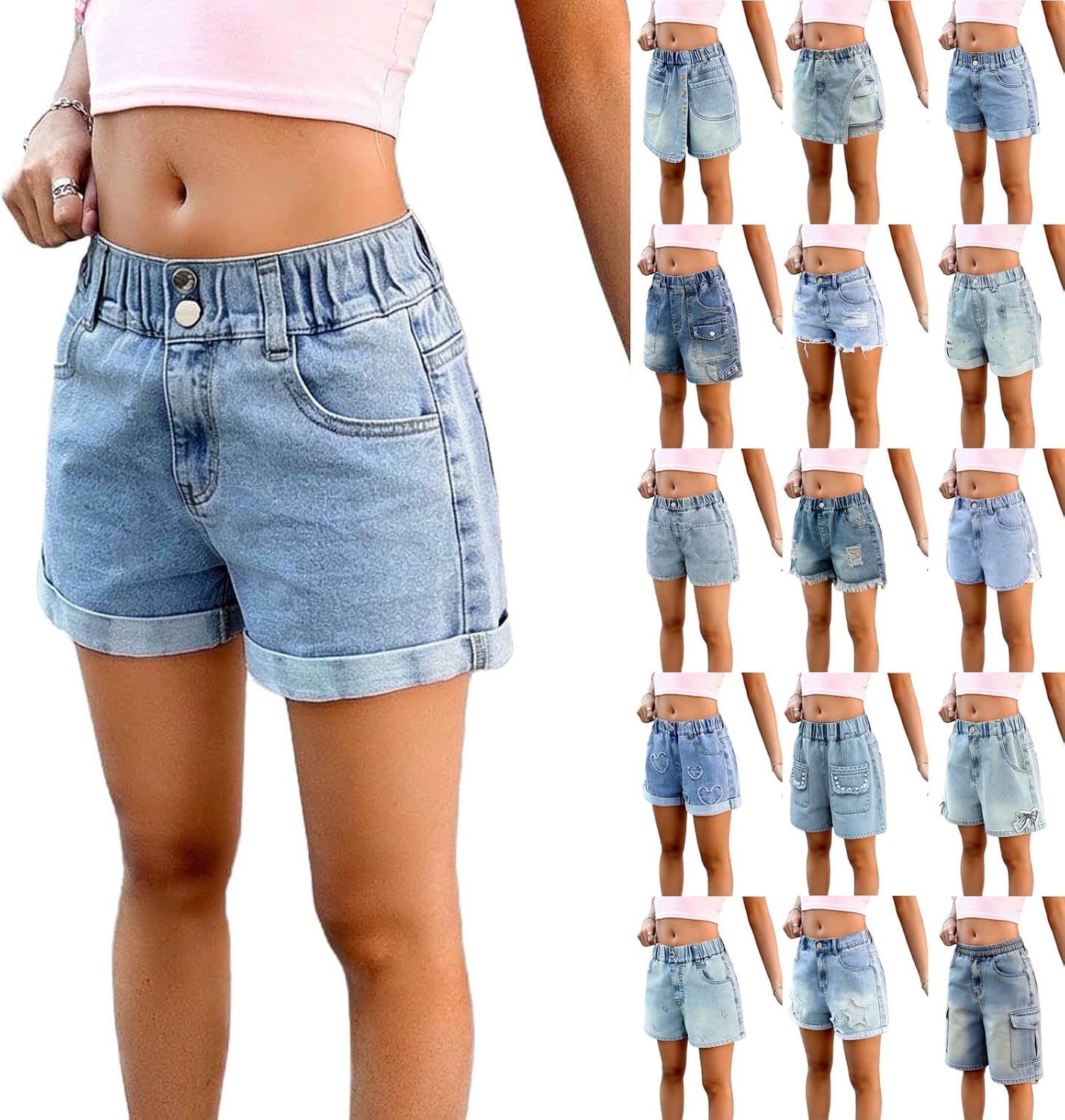 BFAFEN Girls Jean Shorts Ripped High Waist Straight Leg Zipper Button Y2K Cute Print Distressed Multiple Pockets Denim Shorts