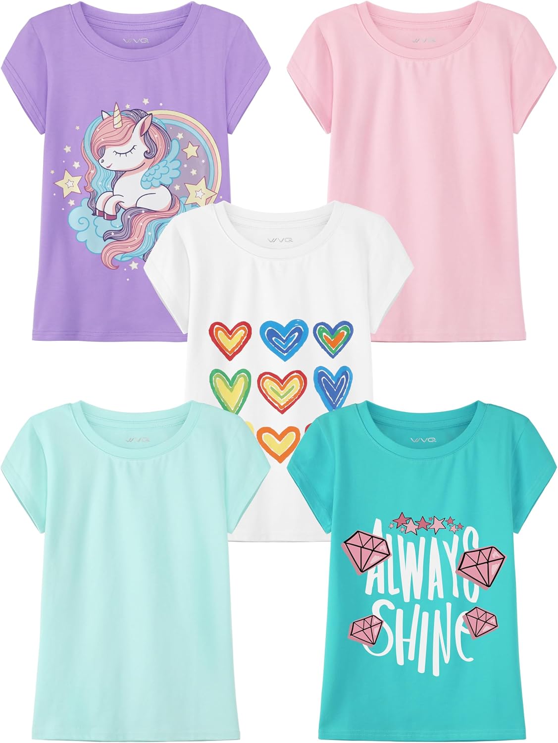 5 Pack Girls T-Shirts Cotton Graphic Tee Shirts Tops Clothes for Kids Girls Short Sleeve 5-12 Years