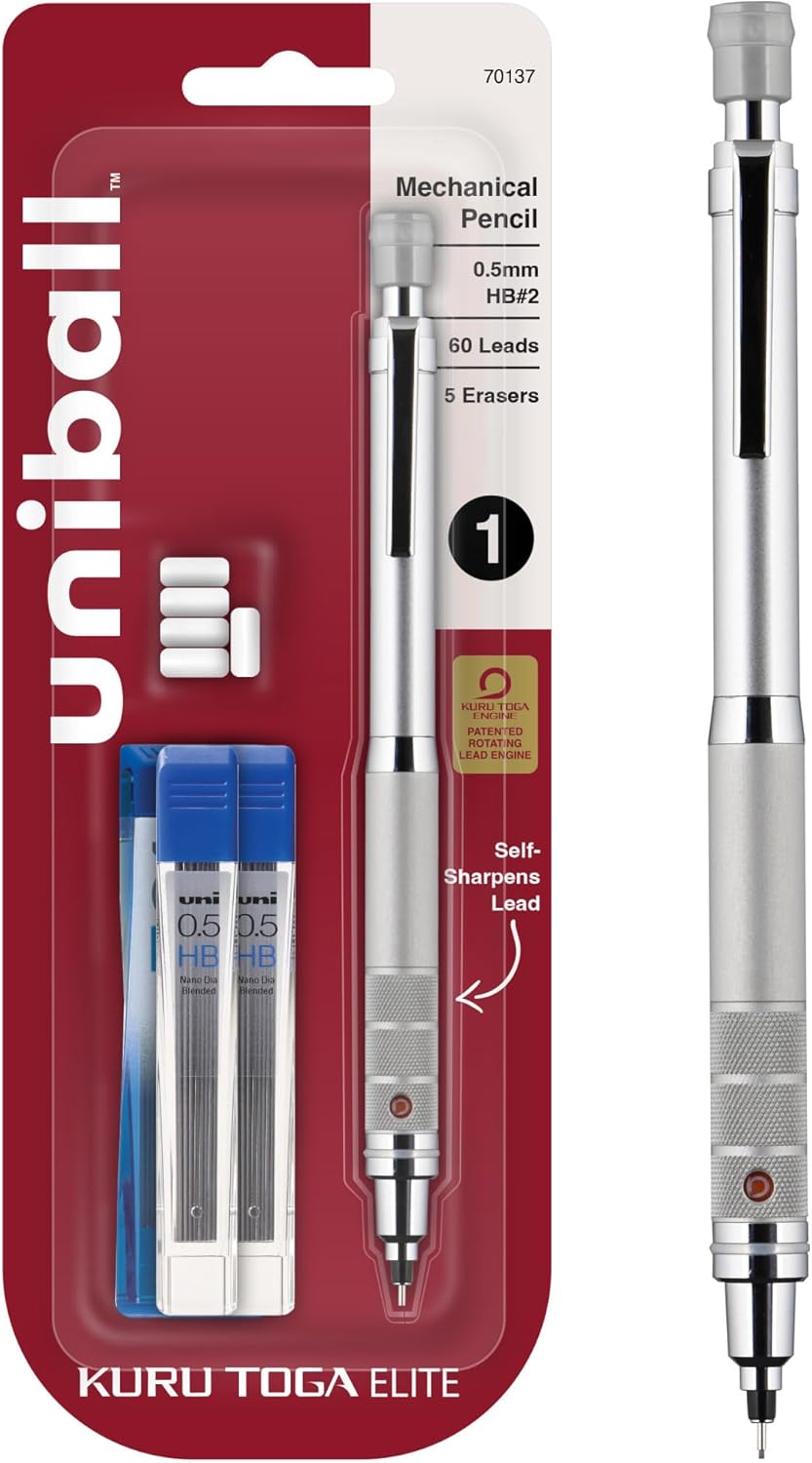 uniball Kuru Toga Elite Mechanical Pencil Starter Kit, 0.5mm, HB #2, Silver Barrel, 1 Pack