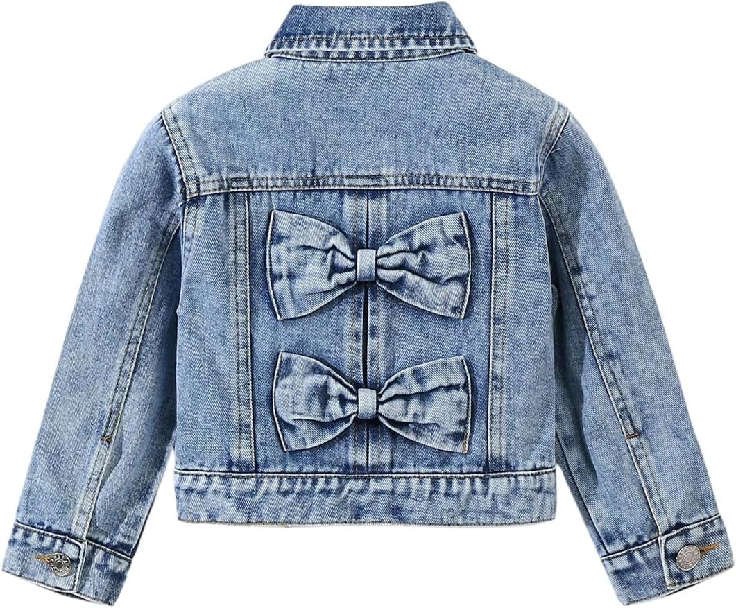WDIRARA Girl’s Bow Denim Jacket Long Sleeve Button Down Jean Jacket Cute Outerwear