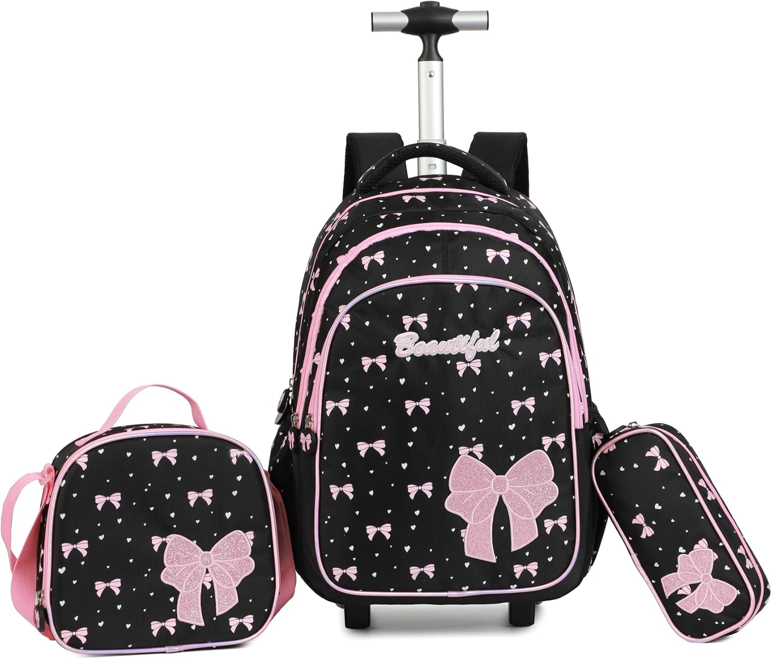 Women Large Rolling travel Backpack for kids, Wheeled Backpack with Adjustable Shoulder Straps, Nylon Book Bag 3pc Set (BOWKNOT BLACK)