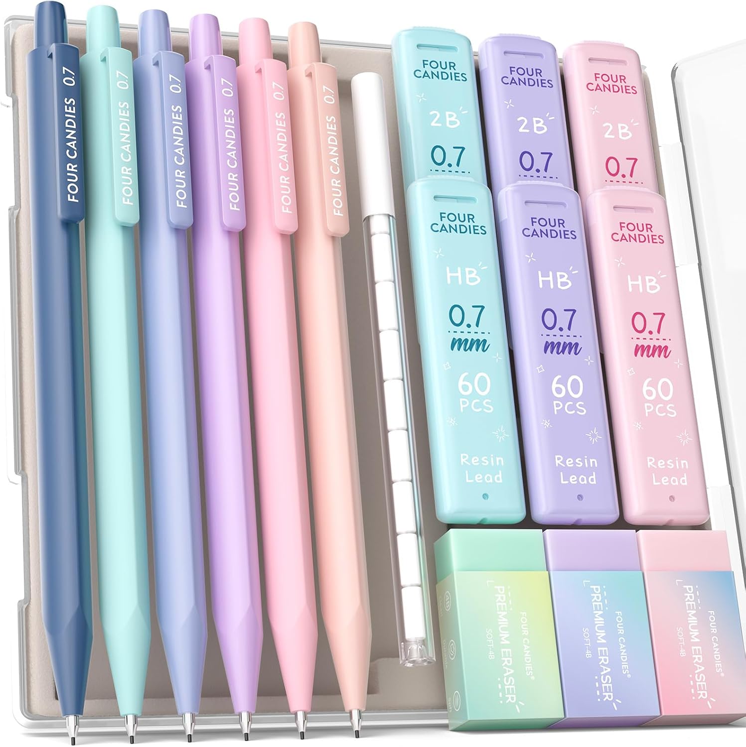 Four Candies 6PCS Cute Mechanical Pencil Set with 372 Leads & Erasers, 0.7mm Medium Point, Pencils Mechanical with 360PCS (HB & 2B) Lead Refills & 12PCS Erasers & Storage Case for Writing & Drawing