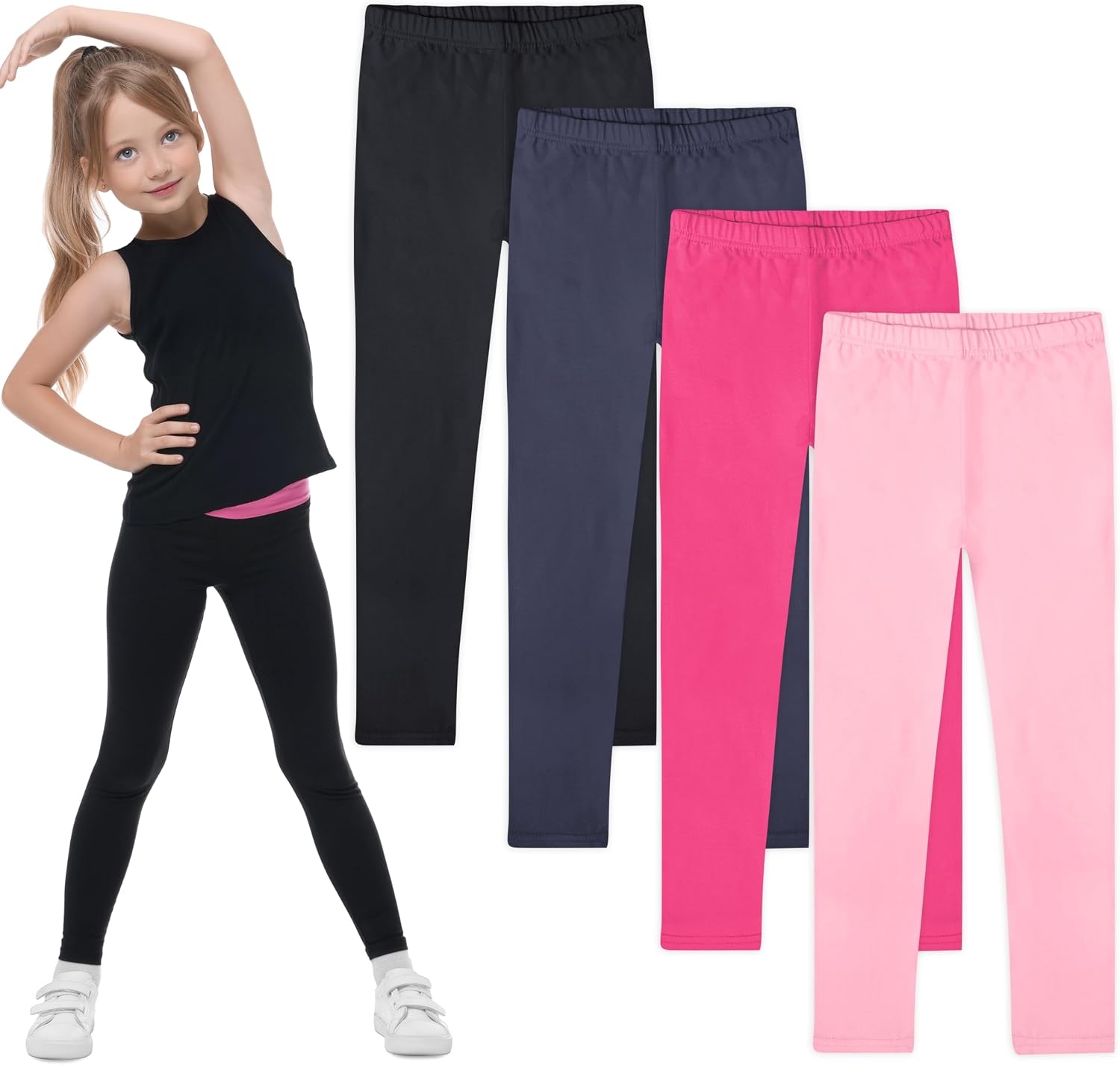 FEQO 4 Pack Girls Cotton Leggings Pants Full Length Basic Leggings Stretchy Legging Footless Tight Pants
