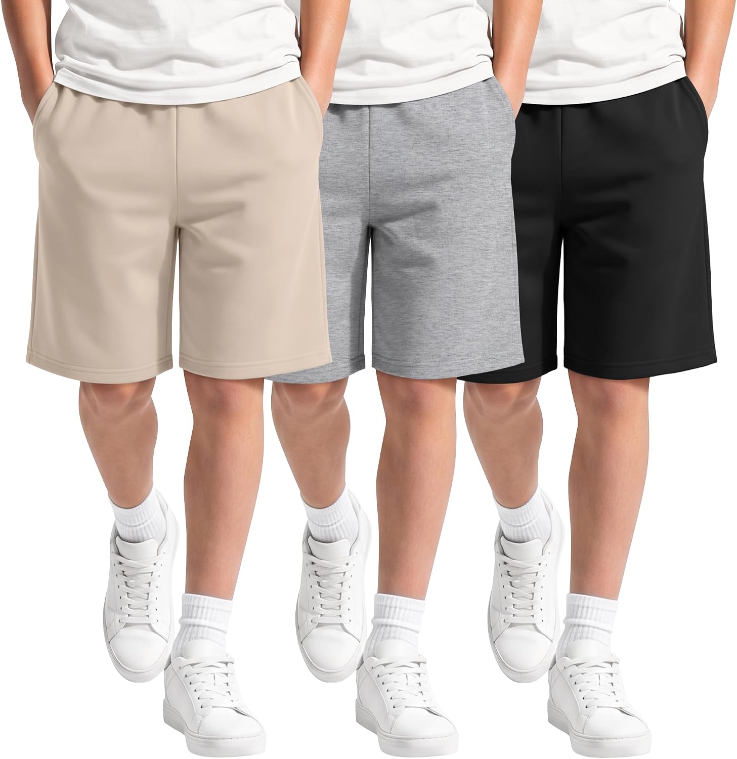 3 Pack Boys Shorts Kids Pull on Baggy Sweat Shorts with Pockets Elastic Waist Teen Casual Summer Bottoms 5-16 Years