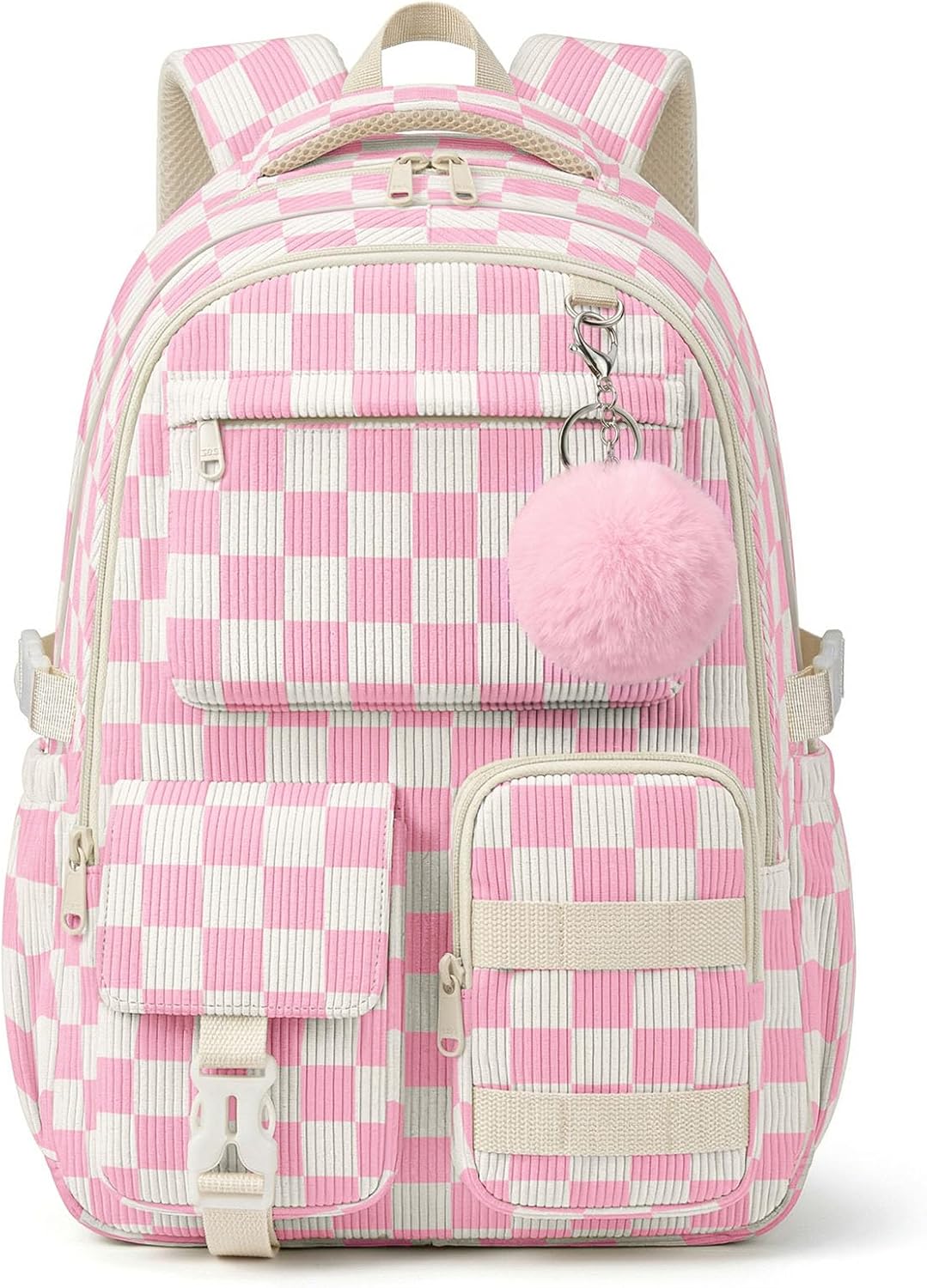 Corduroy Backpack for Teen Girls, Aesthetic Cute Pink Gingham School Backpack with Multi-Pocket, Lightweight Bookbag Fits 15.6 Inch Laptop, Large Capacity Casual Daypack for School Travel