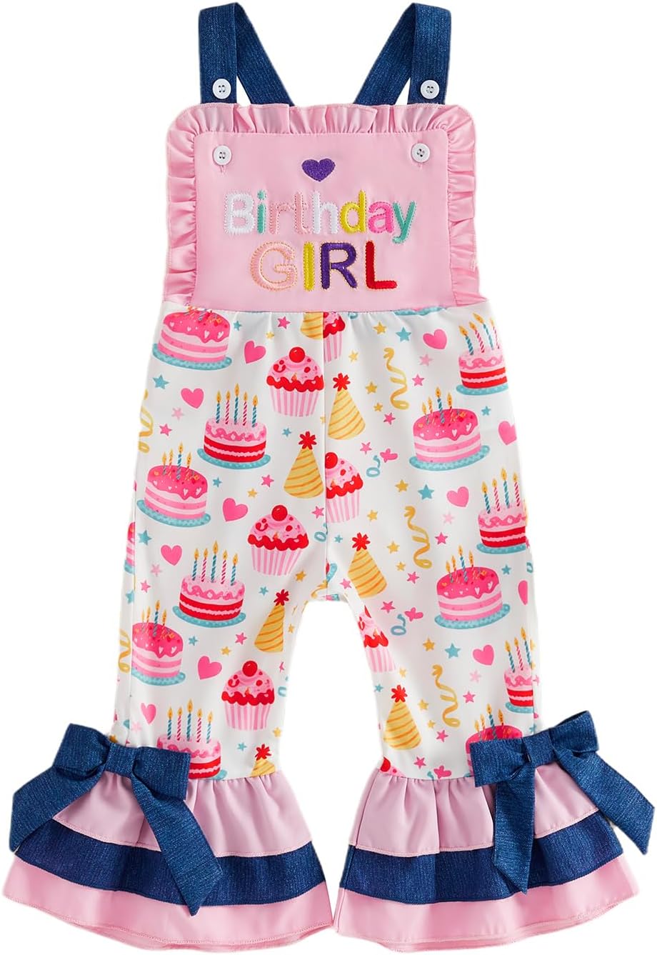 1st/2nd/3rd/4th Toddler Birthday Outfit for Girls Summer Overalls | Toddler Baby Girl 1st/2nd/3rd/4th Birthday Outfit Summer Clothes Flare Bell Bottom Pants Overalls Cake Jumpsuit