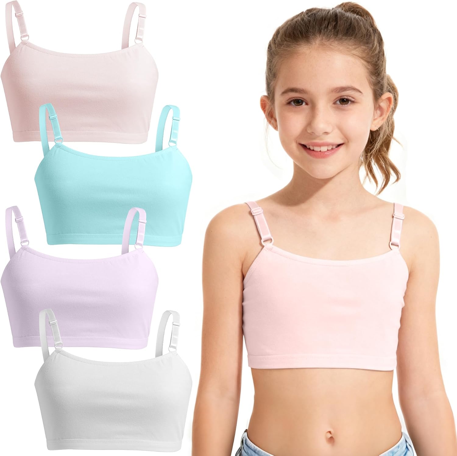 Girls Training Bra, Soft Cotton Cami Bralette, 3-6 Pack, Double Layer Design, No Pads, 8-14 Years