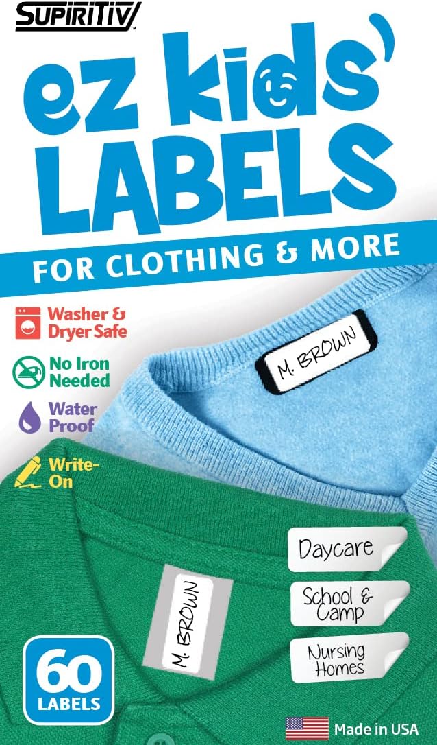 Ez Kids Clothing Labels Self-Stick No-Iron Write-On | Great for Children & Adults | Washer & Dryer Safe | School, Camp, Nursing Care, Toys, Organizing, All Purpose (60-Pack)