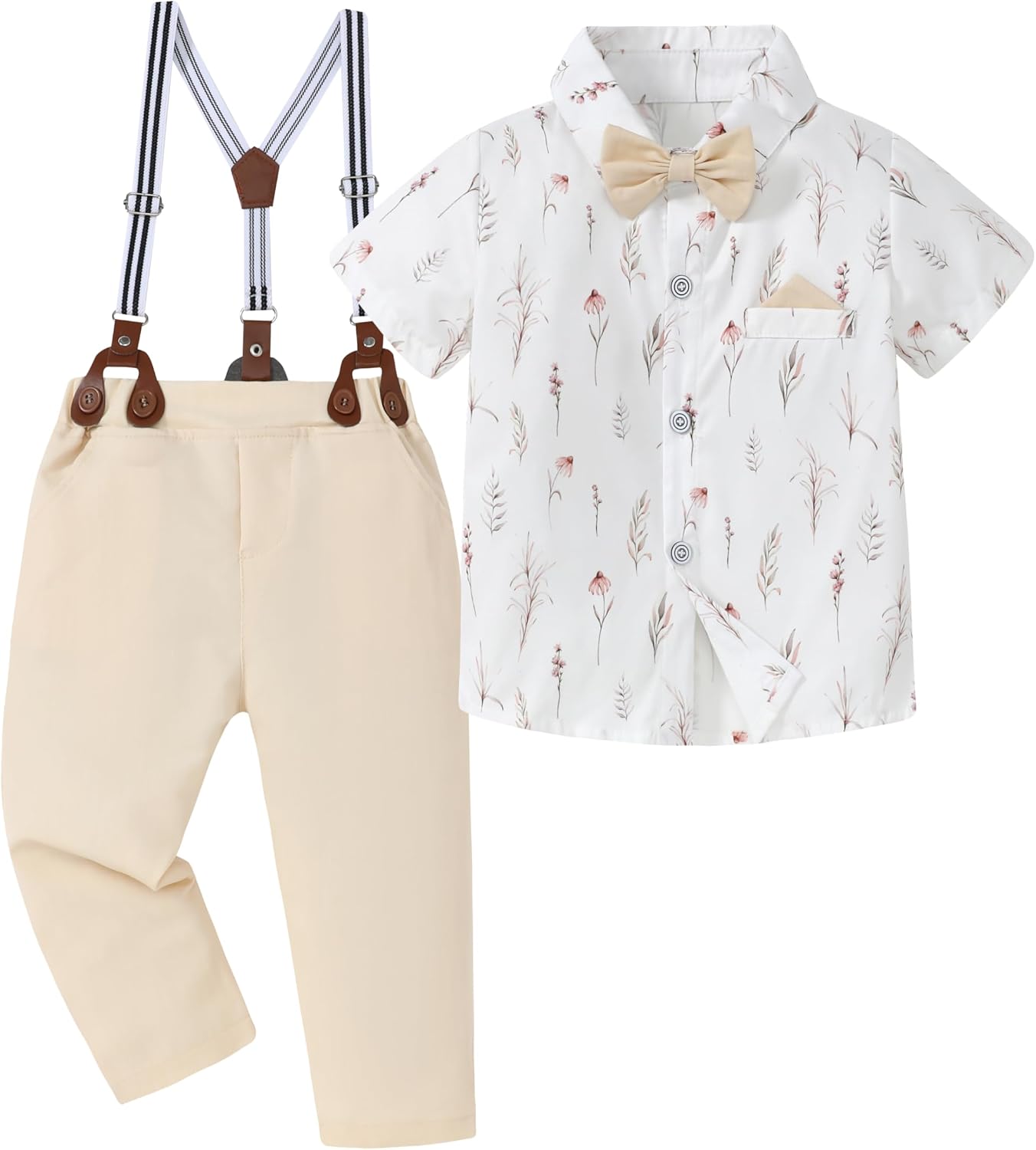 CARETOO Toddler Boy Clothes Suit Gentleman Wedding Outfits Kids Formal Dress Shirt Bowtie Long Suspender Pants Overalls 1-5T
